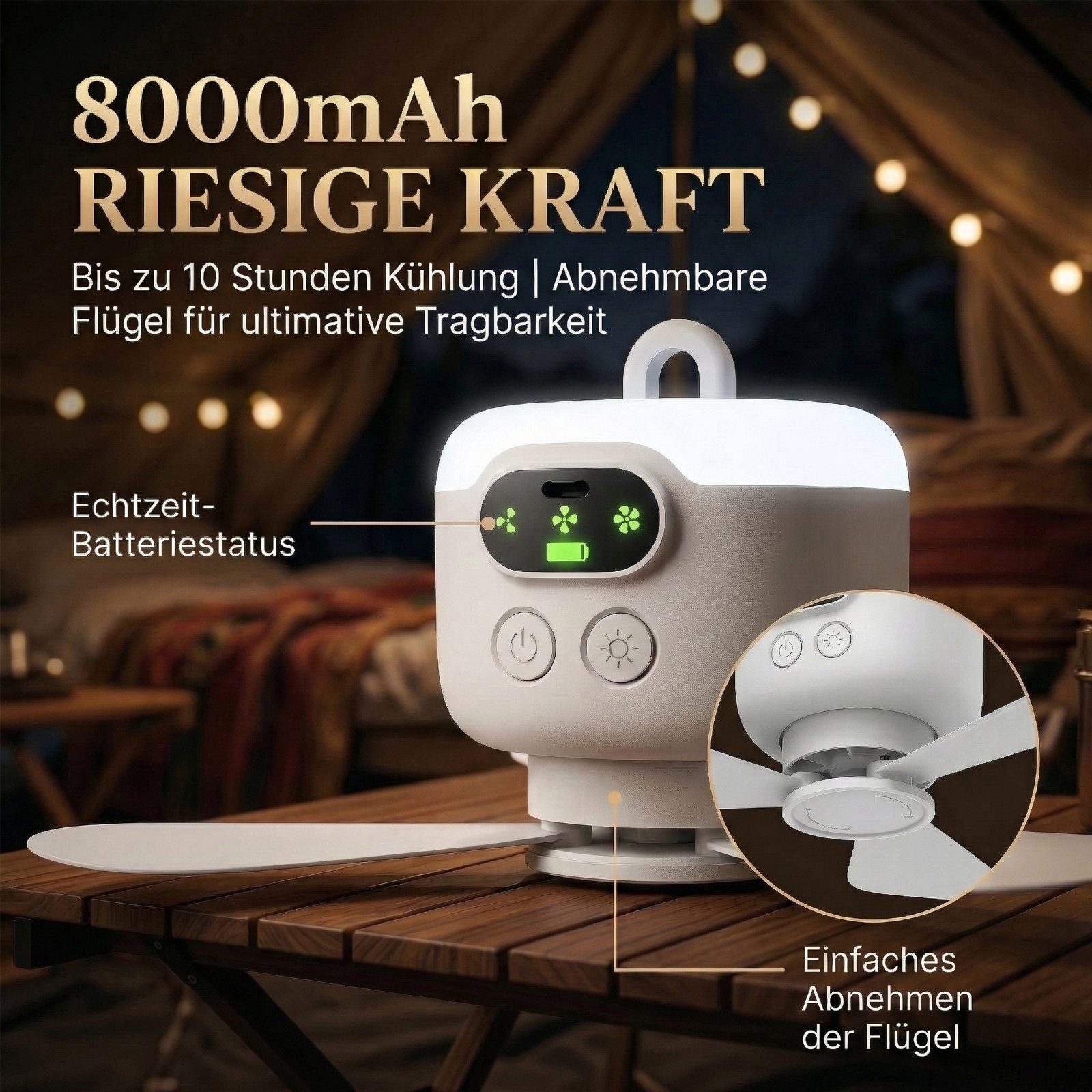 Lapalife Deckenventilator mit Beleuchtung, Aufladbar Tragbar Ventilator, 4 Windgeschwindigkeiten, Timer, Camping Ventilator Leise für Outdoor, Pavillon Terrasse, USB