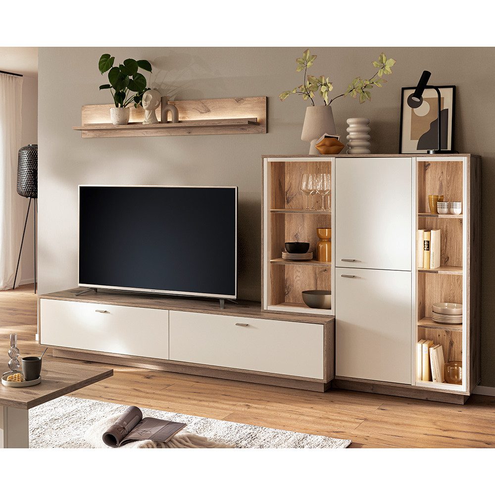 Lomadox Wohnwand SAGUNTO-05, (3-St., Highboard Lowboard Wandboard), mit LED-Beleuchtung, in weiß mit Eiche