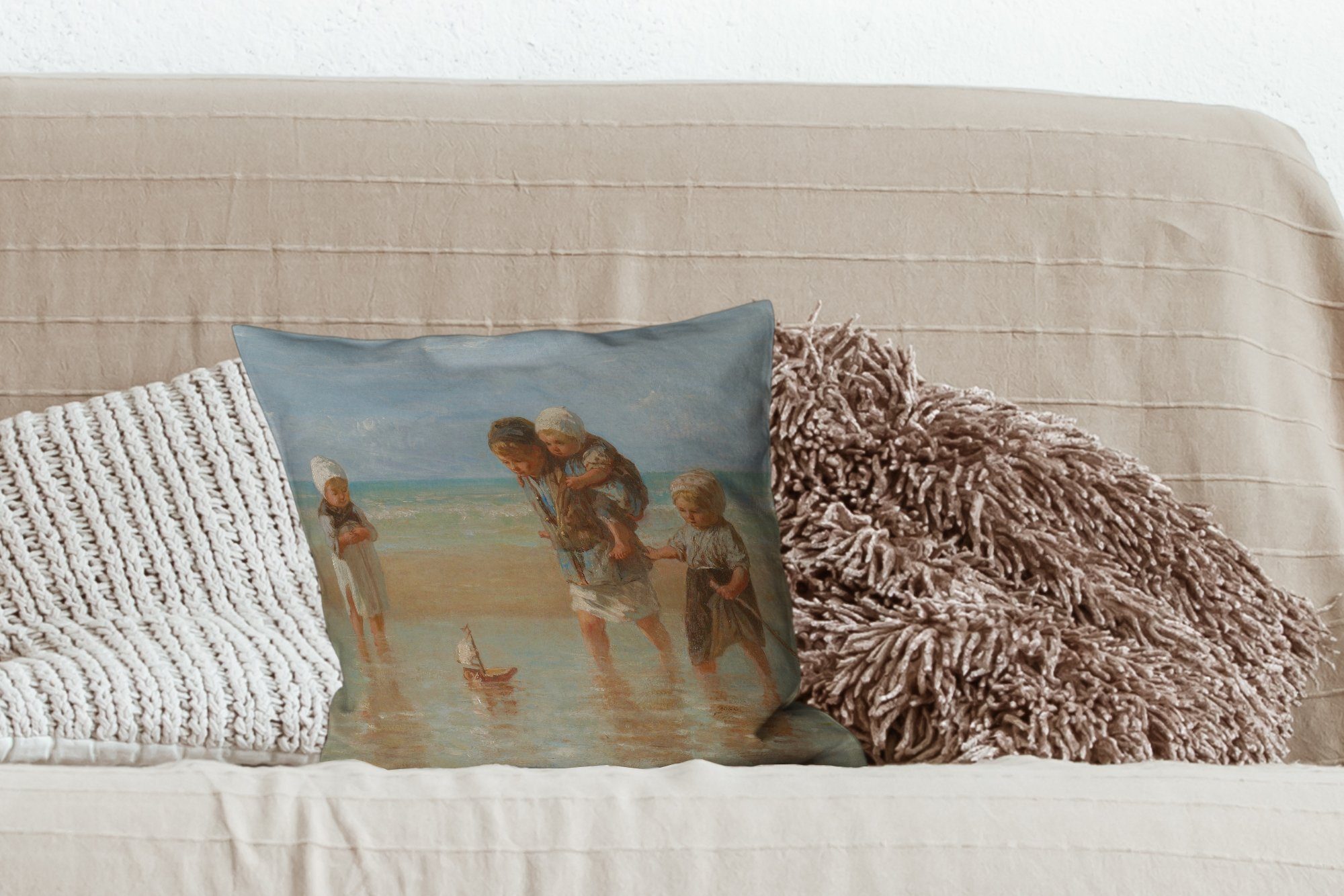 Wohzimmer, Dekokissen Schlafzimmer, Füllung für mit Deko, von des - Sofakissen Gemälde Kinder Jozef Israëls, Zierkissen MuchoWow Meeres