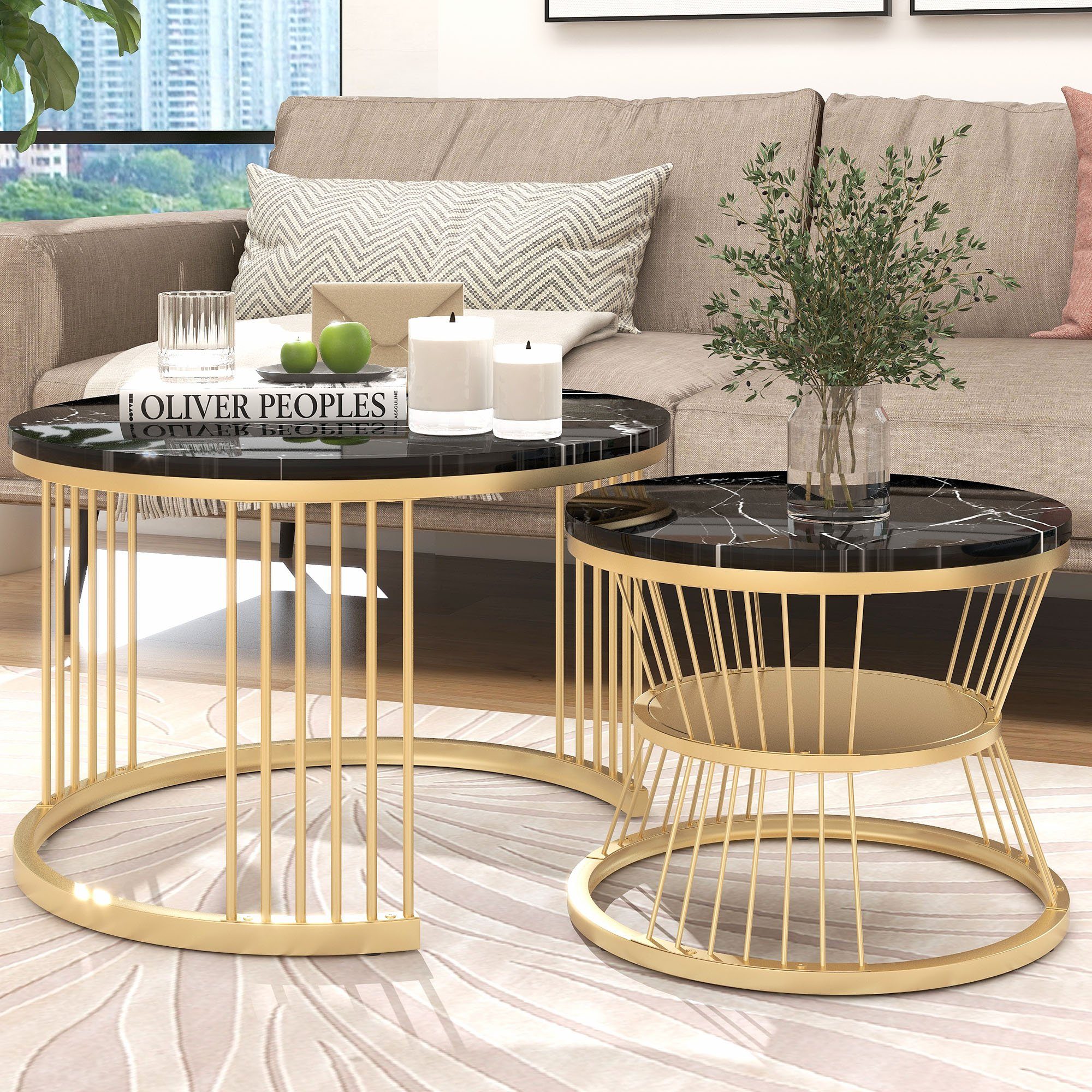 REDOM Couchtisch und Tischen Dauerhaft Safety Seite Smart Schlafzimmer Marmor Endtische Balkon Furnier Design (Solid Nest für Set, Schwarz+Gold und Design), von Beistelltisch 2er Einzigartigrd Satz Sofa Runde