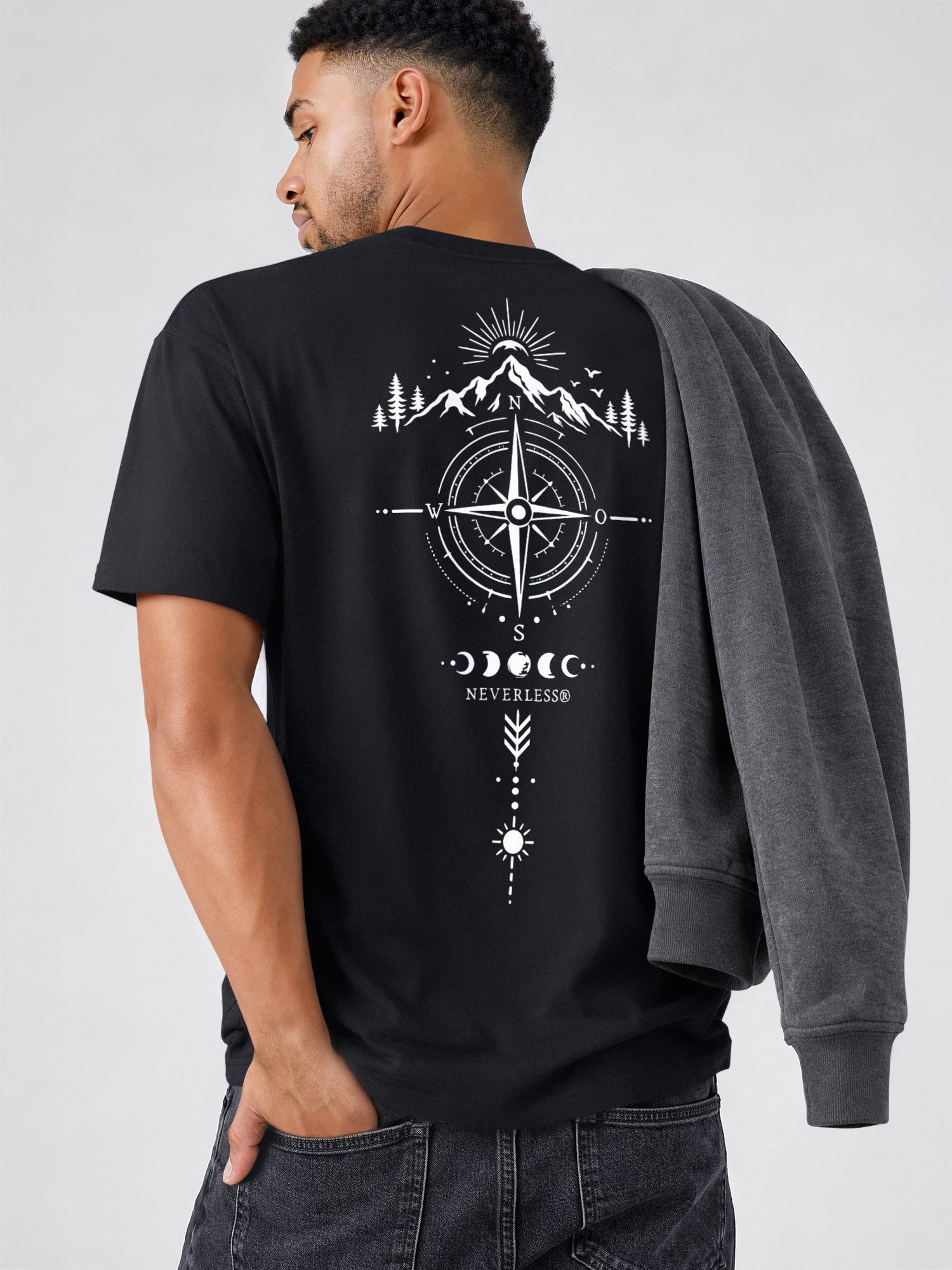 Neverless Oversize-Shirt Herren T-Shirt - Berg Kompass - Relaxed Fit Sommer Fashion mit Print – Bild 5 von 5