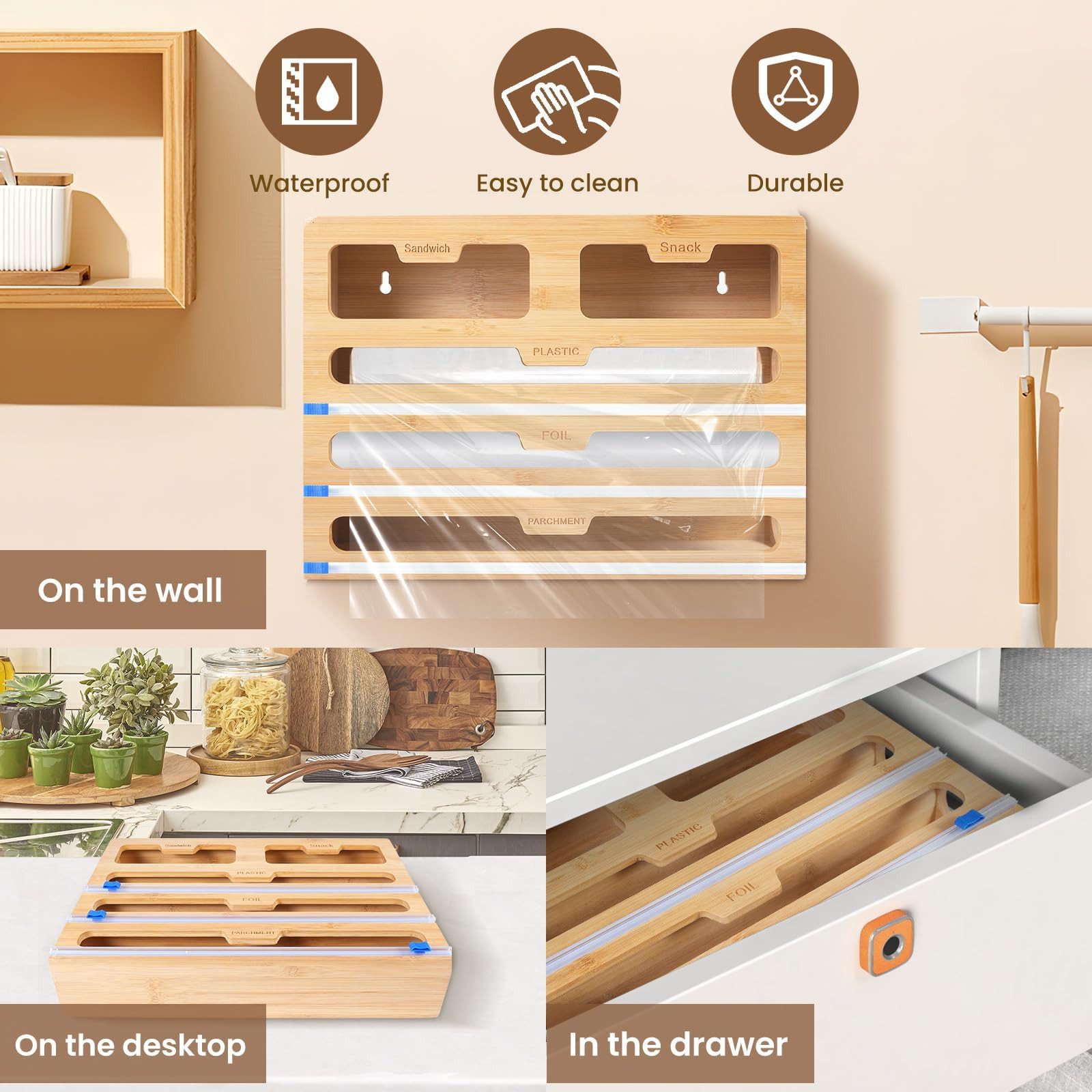 Youyijia Folienspender 5-in-1 Bambus Folienspender 5 Steckplätze für Schublade&Arbeitsplatte – Bild 5 von 5
