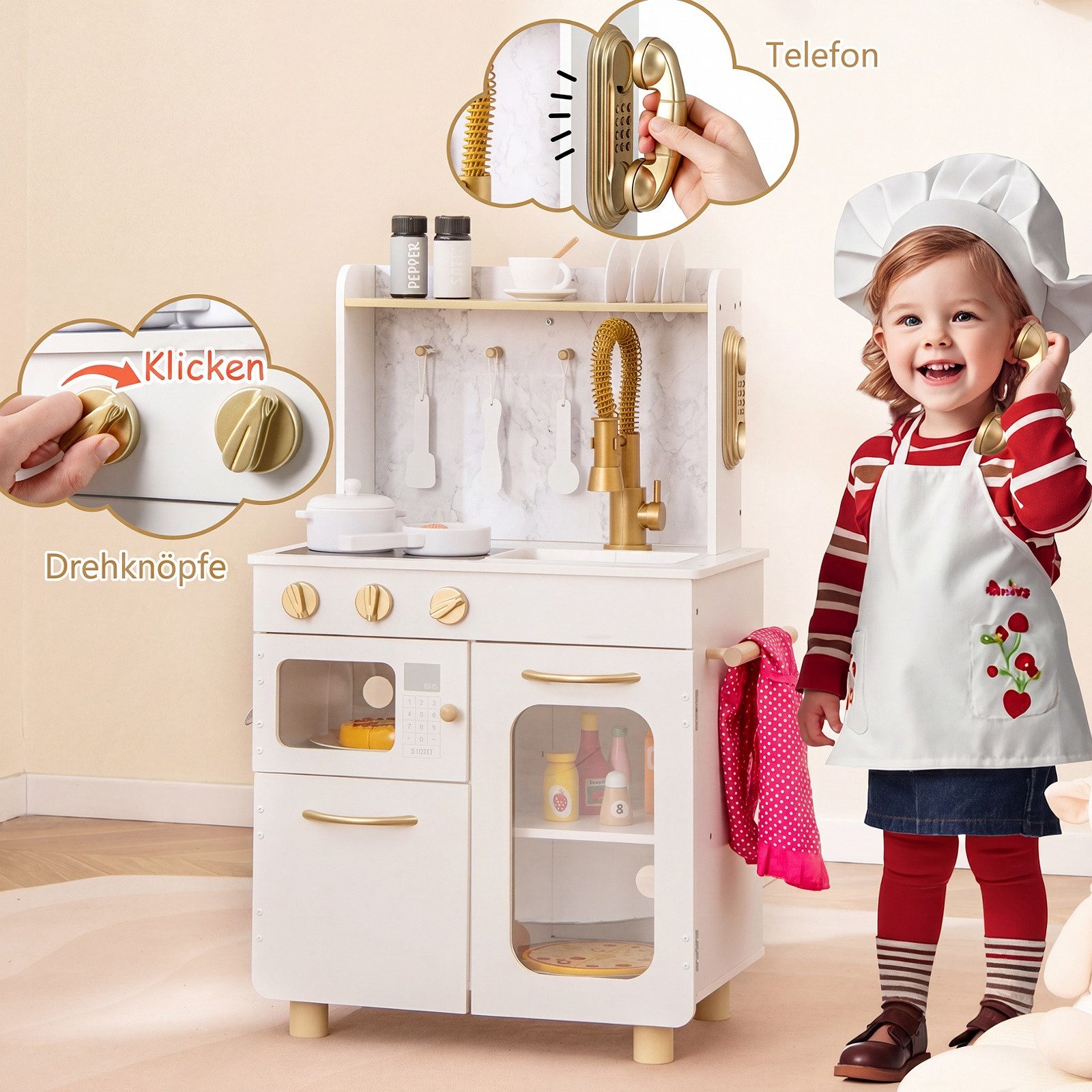 COSTWAY Spielküche Holzwerkstoff, PP, ABS, Kinderküche, Interaktive Holz-Spielküche für kleine Köche