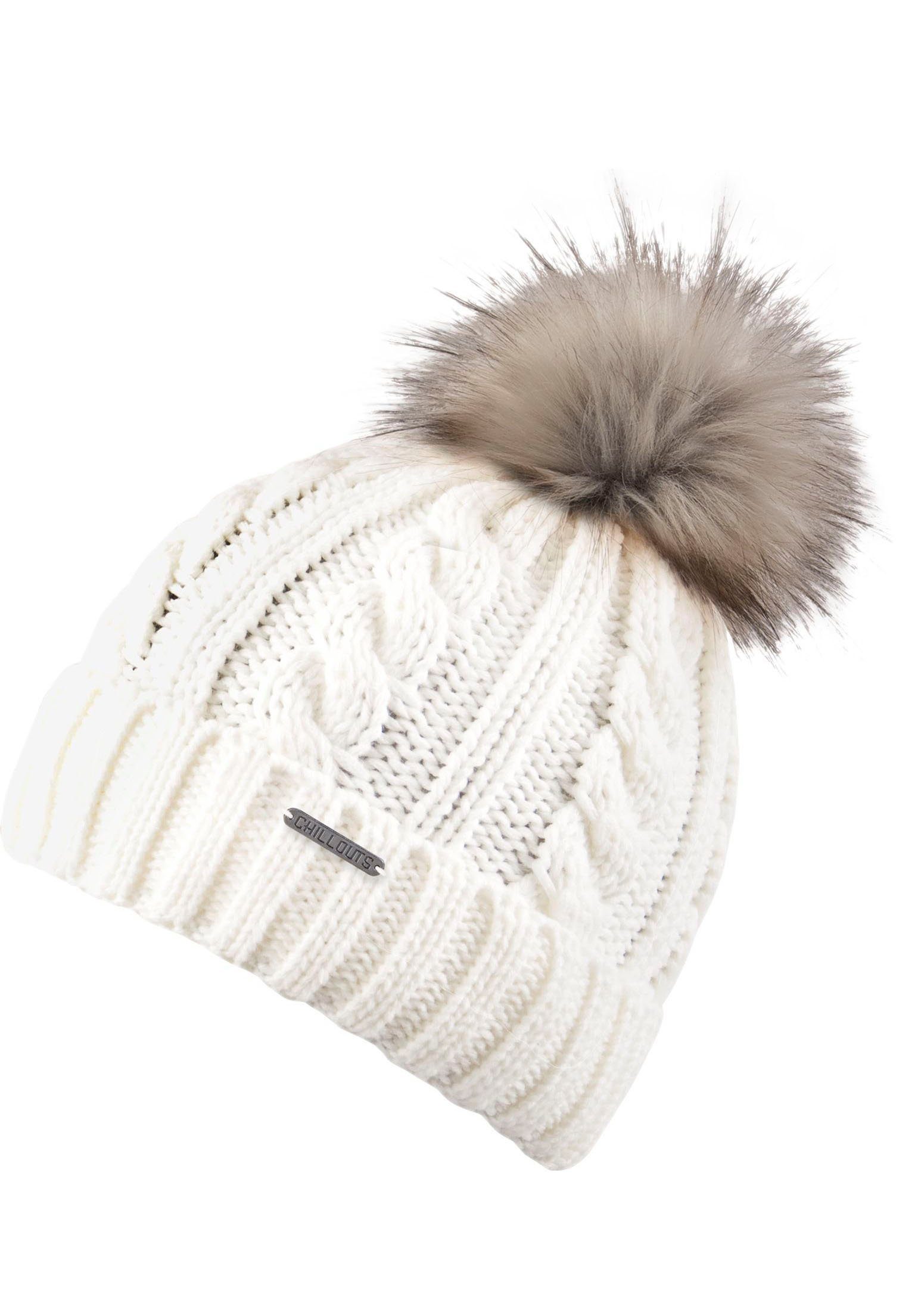 Zopfmuster Hat chillouts Joan Bommelmütze off-white Pom, Mit Fake-Fur Pom