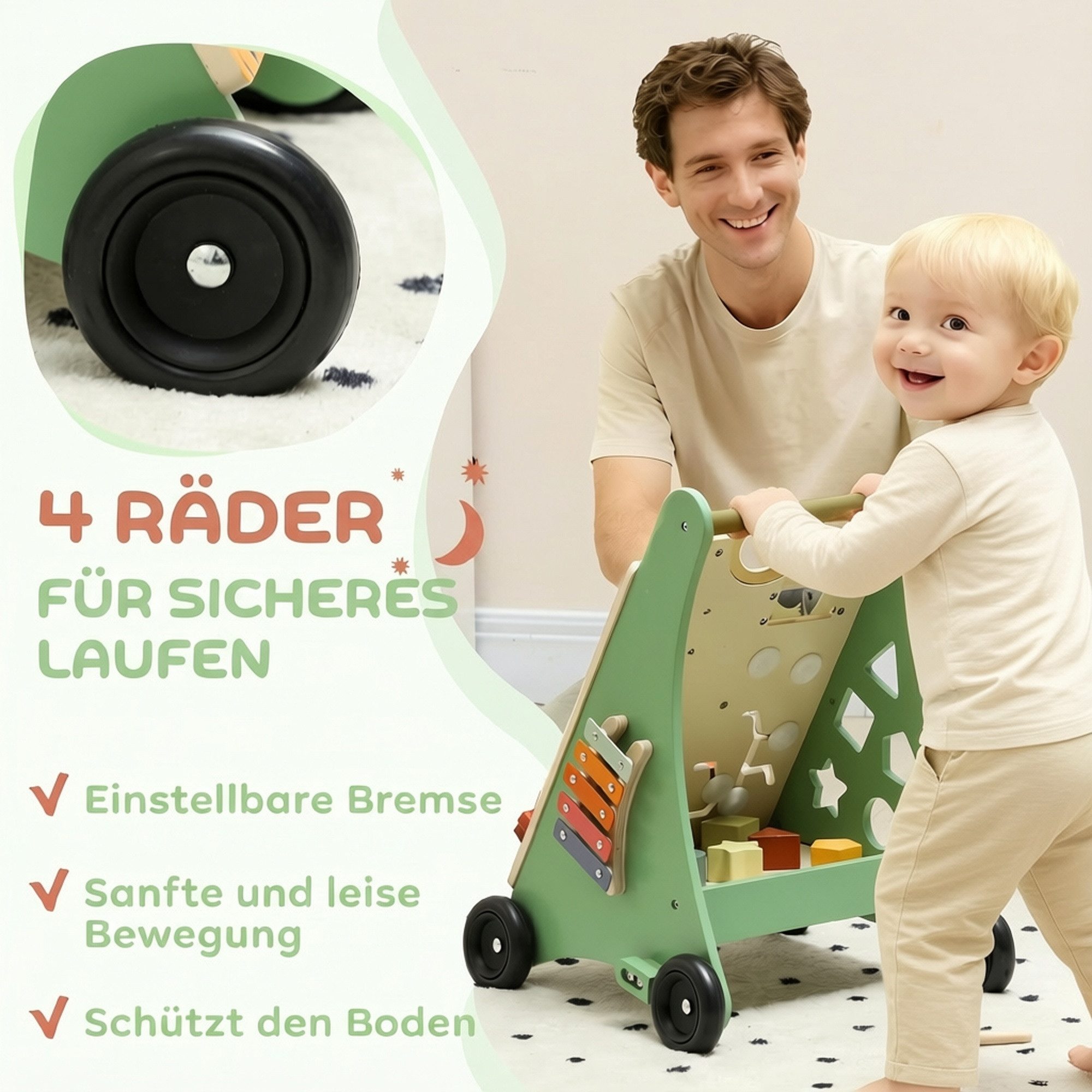 AIYAPLAY Lauflernwagen Montessori Lauflernhilfe mit Geschwindigkeitskontrolle, Xylophon, (Set, 1-tlg., Lauflernwagen mit Formenblöcken), Montessori, einstellbar – Bild 4 von 5