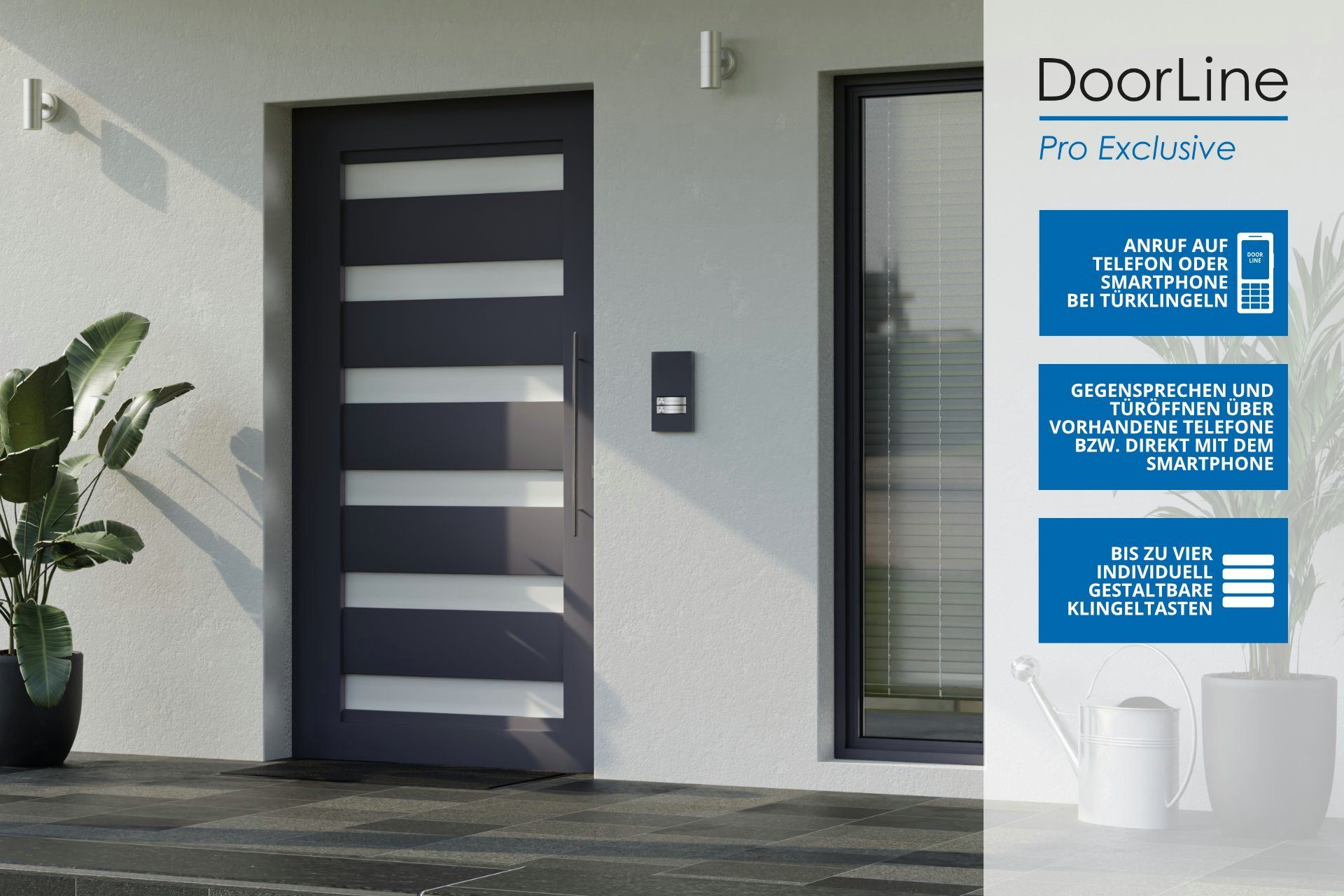 DoorLine Pro Zutrittskontrolle Exclusive Home Weiß wahlweise PIN-Code) (direkt Rufnummern, Smart Klingeltaster auf´s 1-4 über jeweils 2 Türklingel Telefon, an