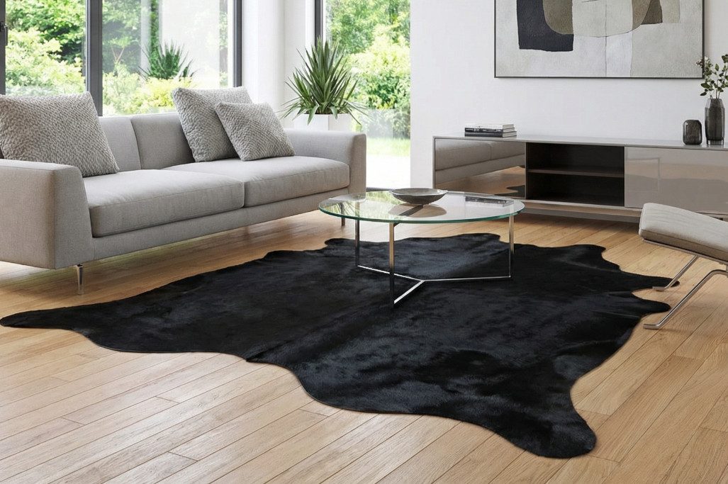 Fellteppich Kuhfell Schwarz 230x200 cm Rinderfell Teppich Luxus Naturfell