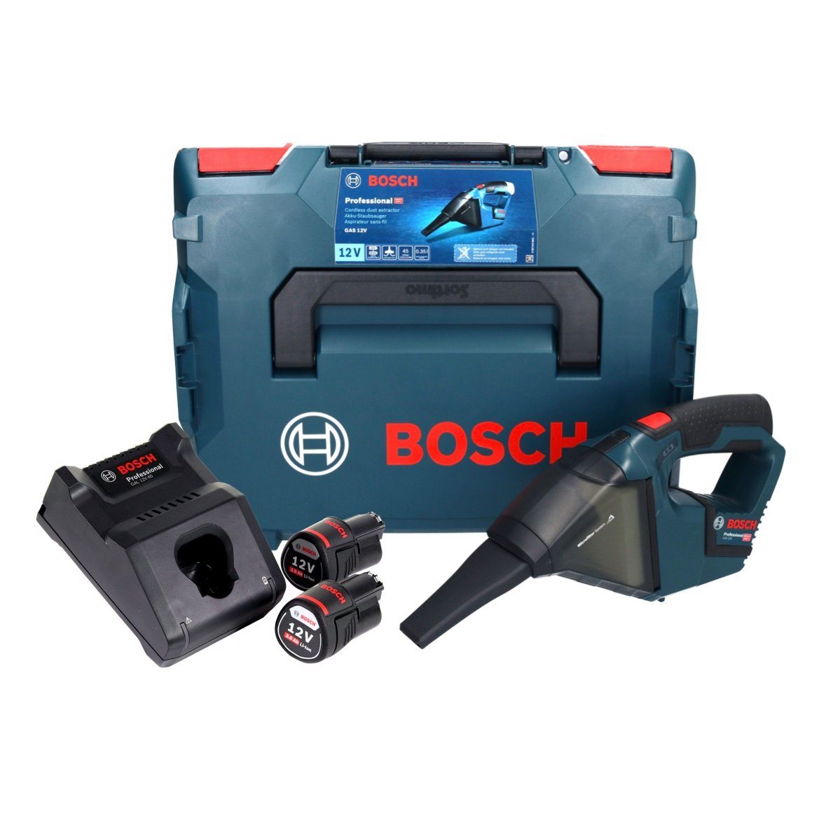 Bosch Professional Akku-Handstaubsauger GAS 12V Professional Akku Staubsauger 12 V 0,35 l + 2x Akku 3,0 Ah
