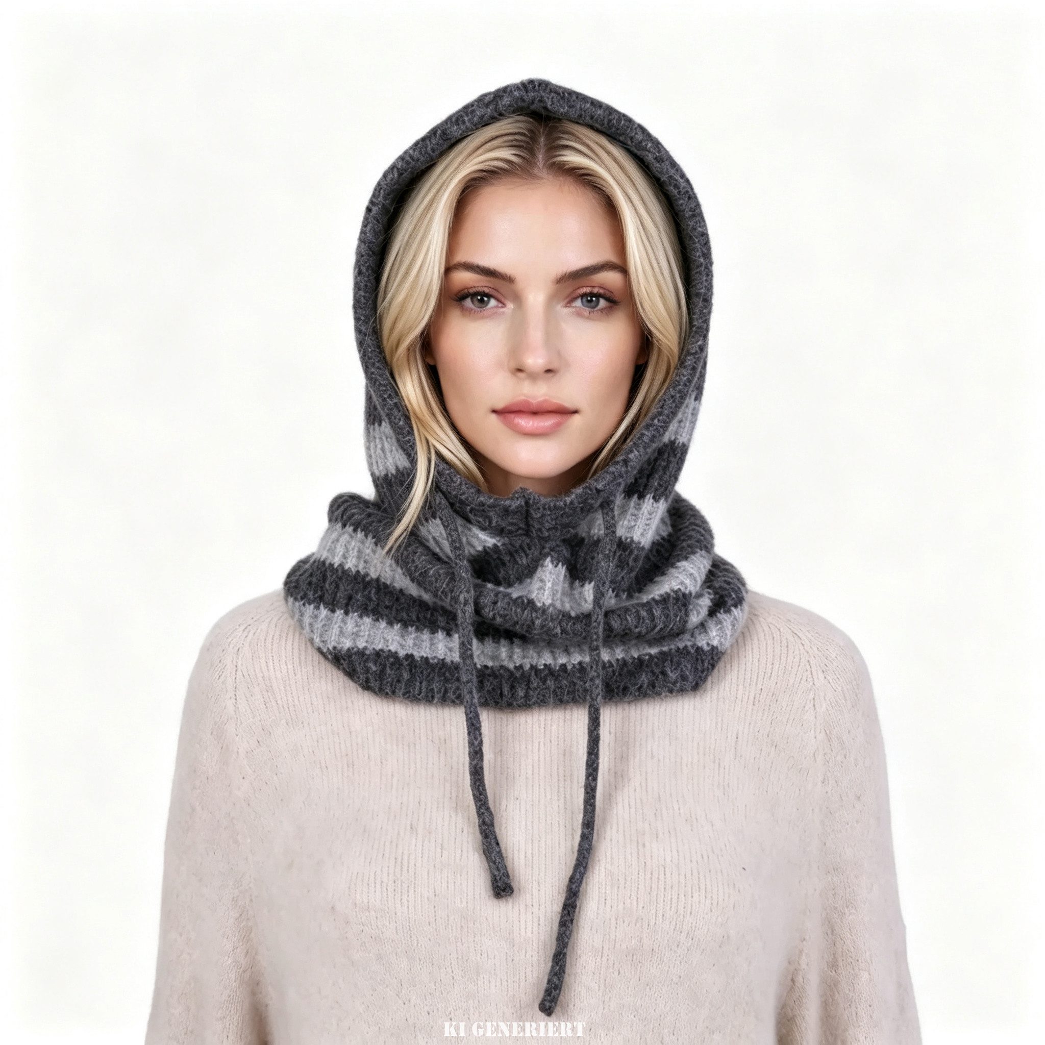 MIRROSI Strickmütze Damen Balaclava Strickkapuze mit Streifenmuster Kapuzenschal mit Kordelzug, Schlupfmütze, weich und warm