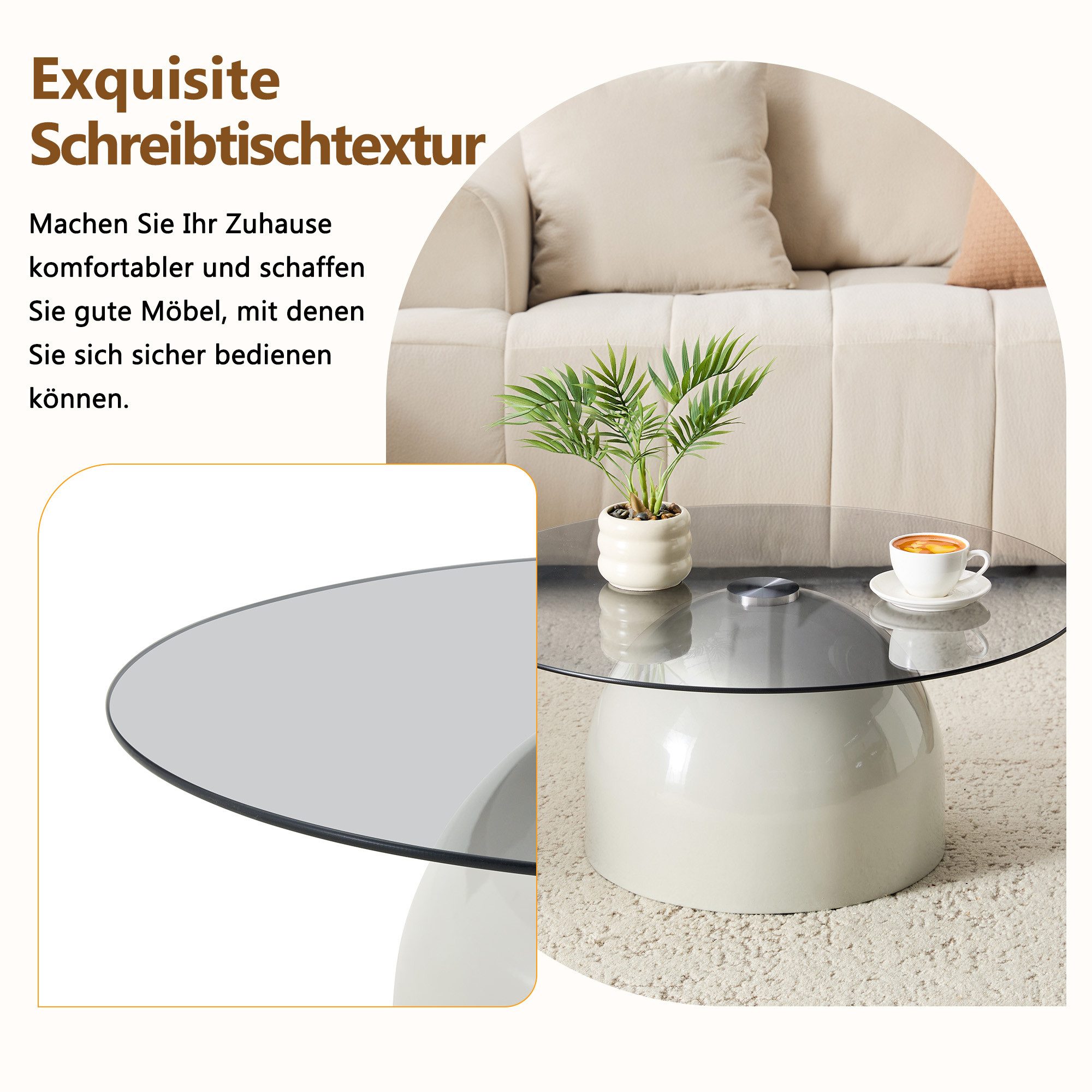 gopop Couchtisch mit Glas,Ø ca. 70 cm,Walnussholzoptik/Cremefarben,im Retro-Stil (1-St)