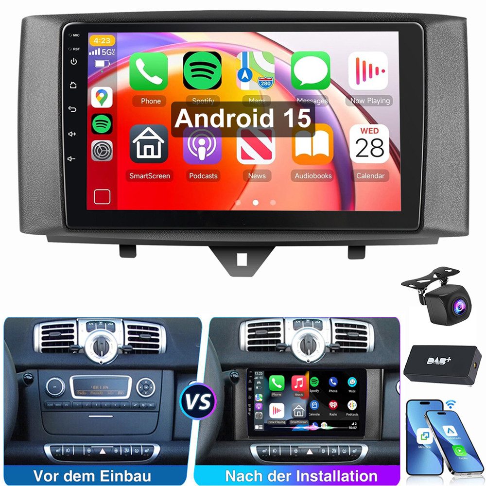 ESSGOO Für Smart Fortwo 451 2011-2015 Android 15 Navi carplay WiFi Navigationsgerät (Carplay Android Auto GPS Bluetooth FM AM RDS WIFI)