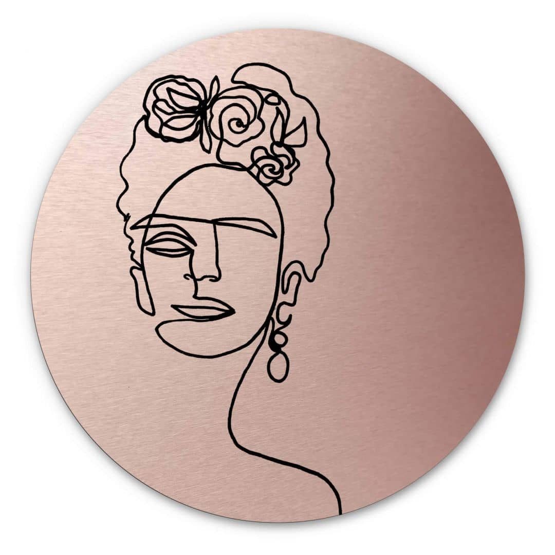 K&L Wall Art Alu-Dibond-Druck Metallposter Rund Frida Kahlo Vintage Linework Kupferoptik, Metalloptik Wandbild Ø 20cm