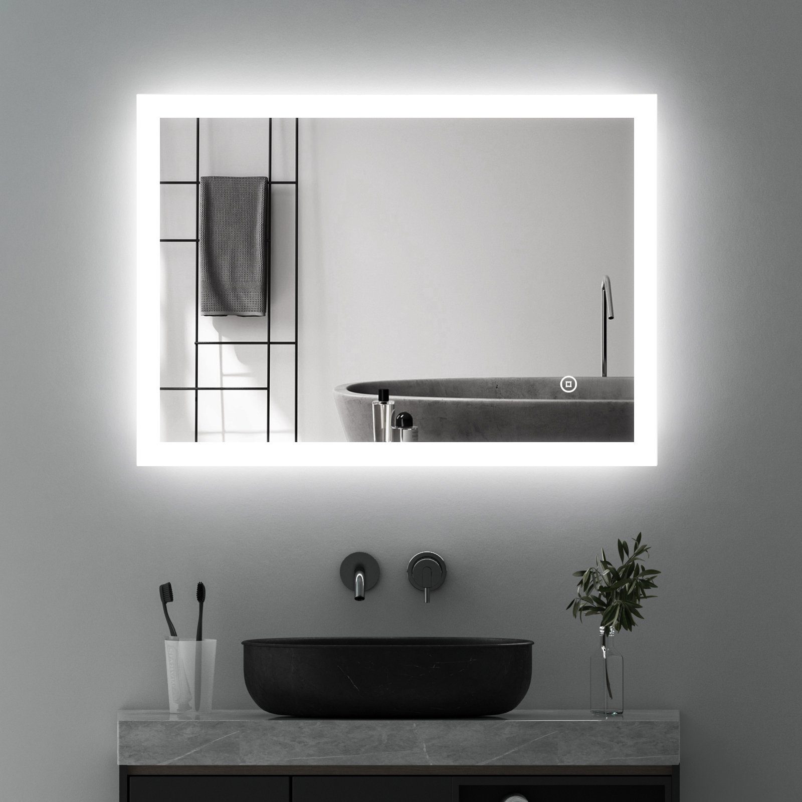 WDWRITTI Badspiegel Wandspiegel mit Beleuchtung, (Badezimmerspiegel Led Led, 3 Bad Spiegel Touch/Wandschalter), Lichtfarbe Helligkeit 80x60 dimmbar Lichtspiegel, energiesparender,IP44 Speicherfunktion