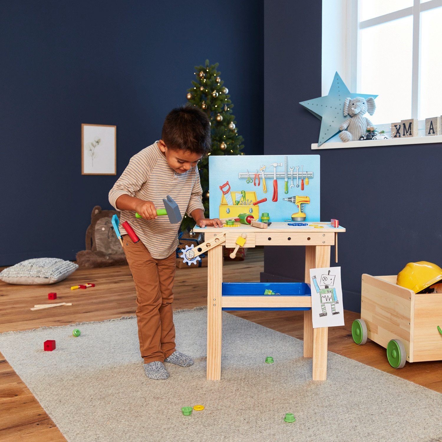 Playland Spiel-Werkzeugstation Werkbank Kinder Holz, Kinderwerkzeug, Holzspielzeug ab 3 Jahre, Langlebiges, zertifiziertes Holz