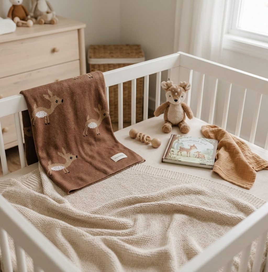 Babydecke Bleu La La aus 100% Baumwolle Strickdecke mit Rehmotiv, TSE – Bild 3 von 5