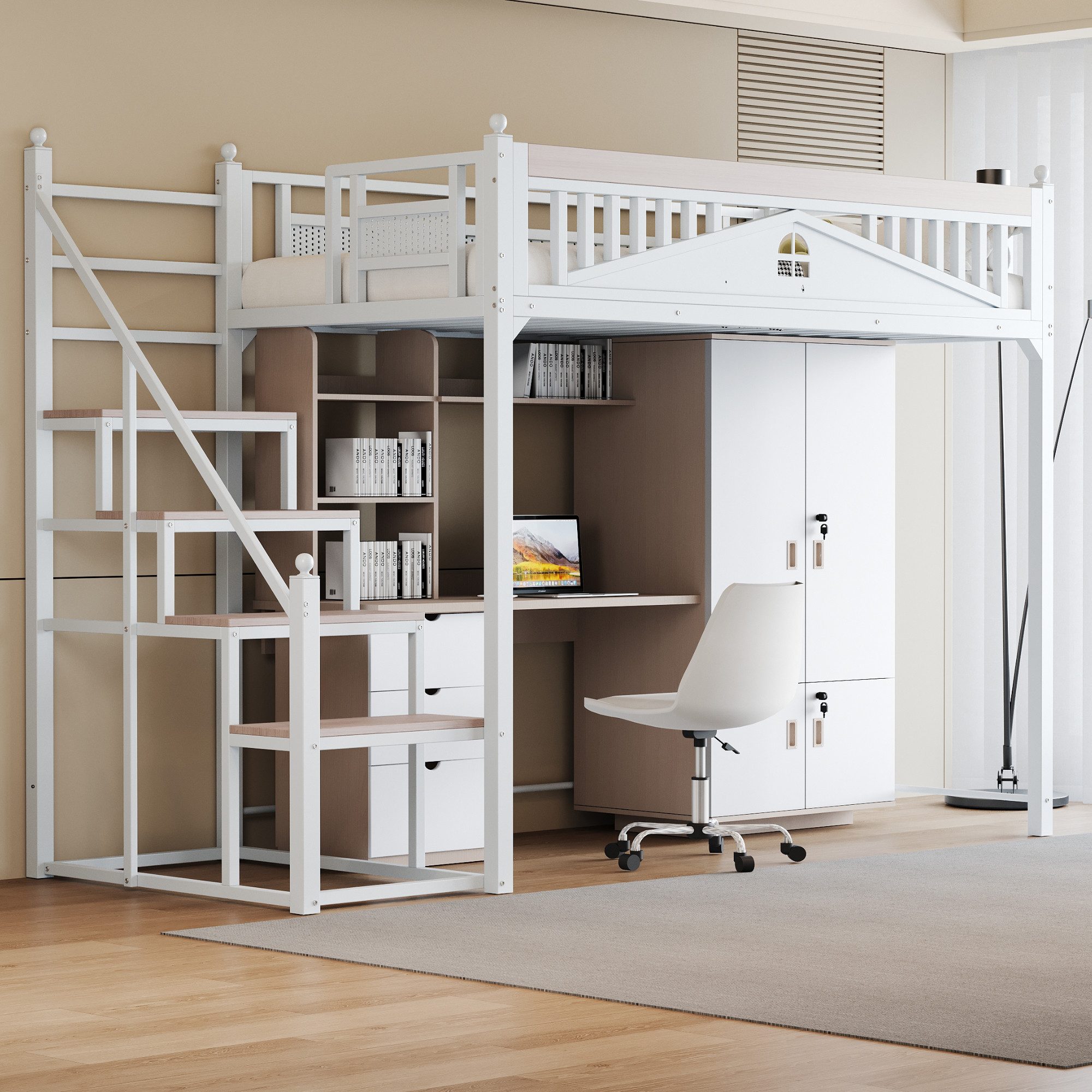 Flieks Hochbett Metallbett Kinderbett 90x200cm mit Treppe und Sicherheitsza günstig online kaufen