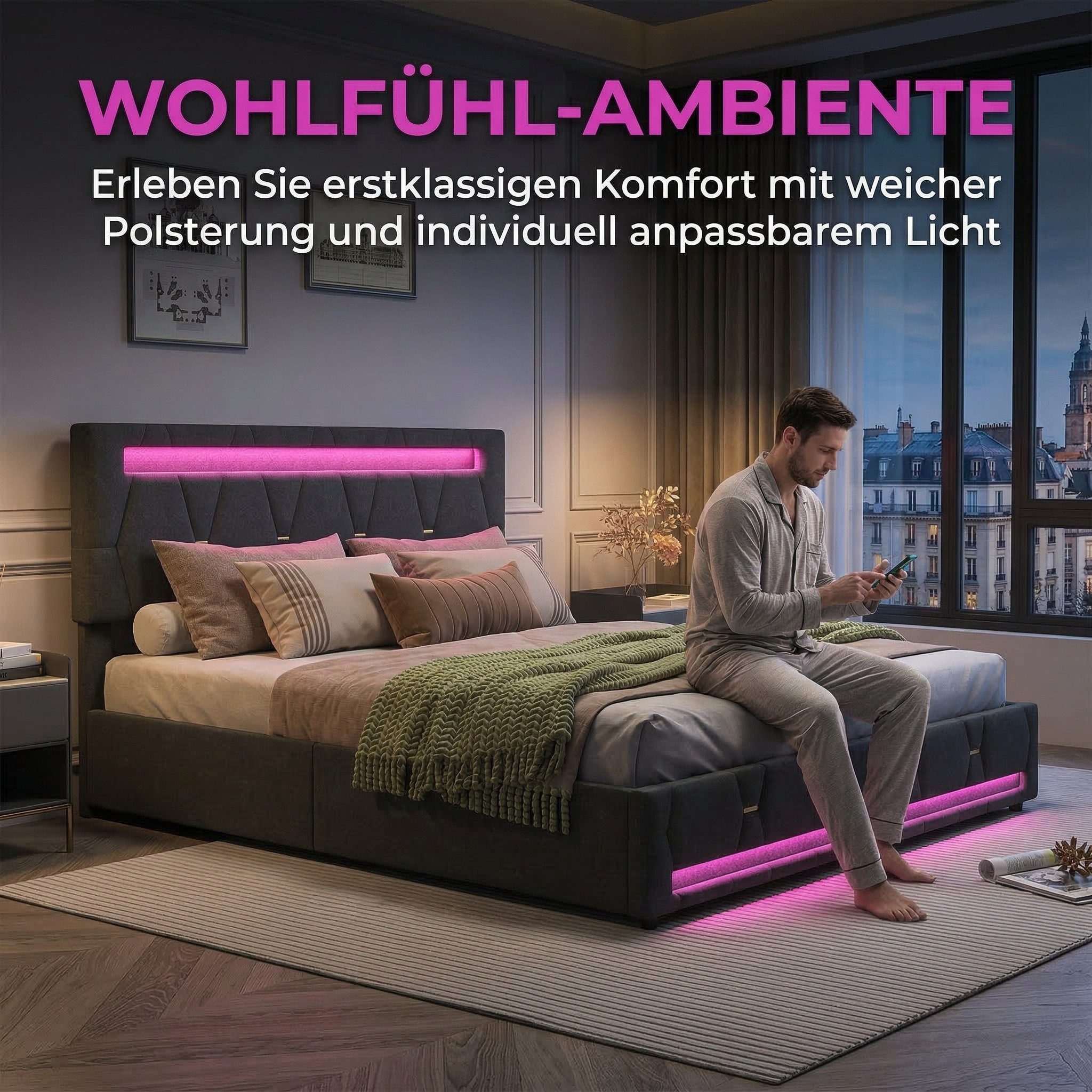 PXloue Polsterbett Doppelbett Stauraumbett mit bettkasten, mit Lattenrost und 4 Schubladen, LED-Beleuchtung, 140x200 cm