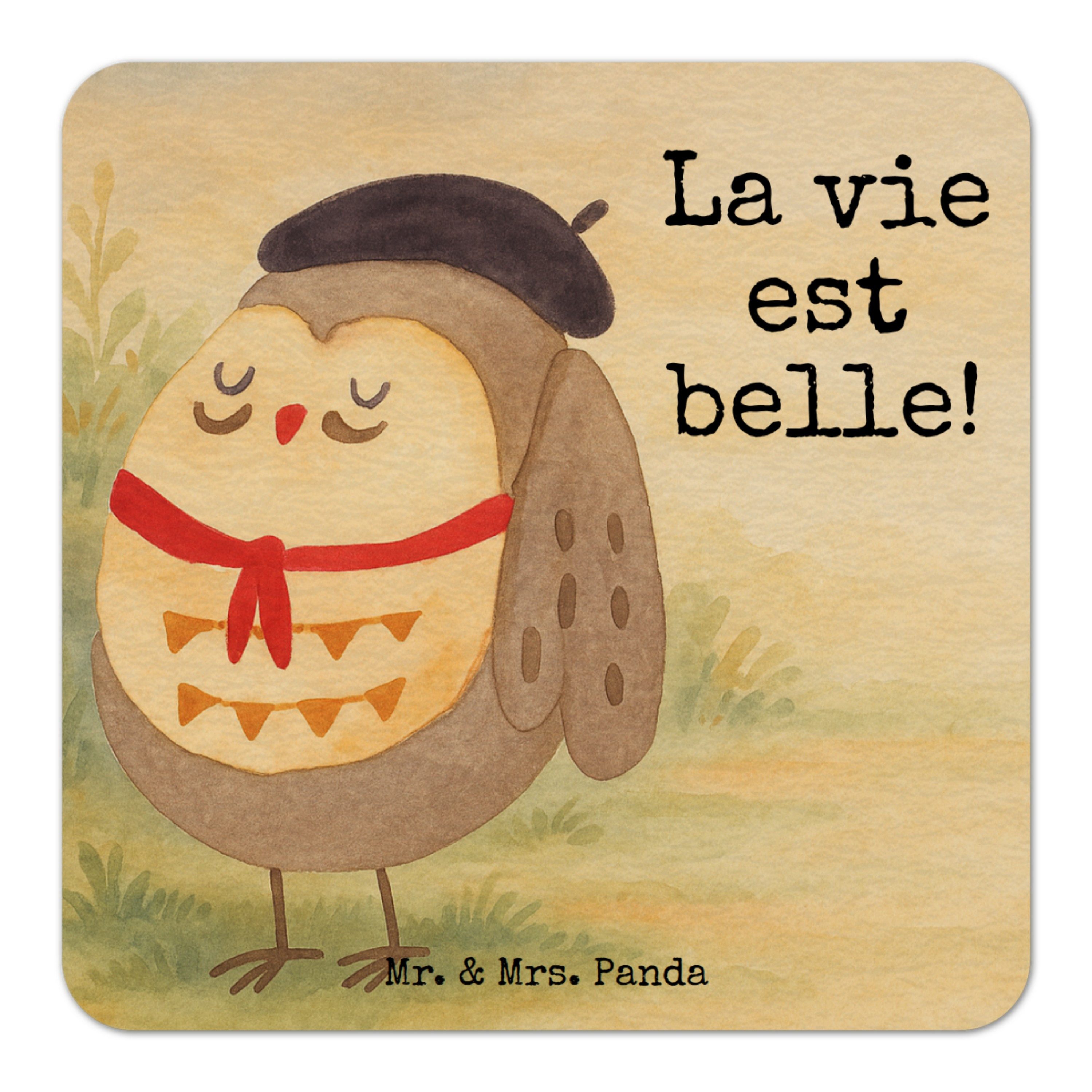 Wohndecke Eule Frankreich Design, Tischuntersetzer 25er Set, Weiß, Bierdeckel, Mr. & Mrs. Panda, Geschenk Becheruntersetzer Kaffeeuntersetzer