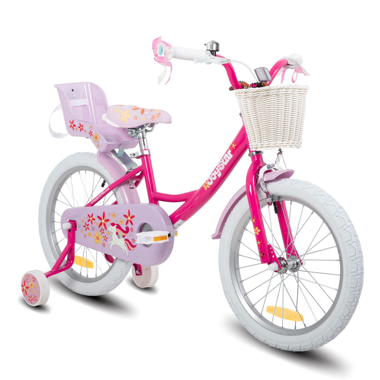 JOYSTAR Kinderfahrrad 12 14 16 18 Zoll Mädchenfahrrad, 2-9 Jahre, Geschenk für Prinzessin, 1 Gang, Puppenradsitz & Stützrädern& Korbstreamer, 18 Zoll mit Stützrädern