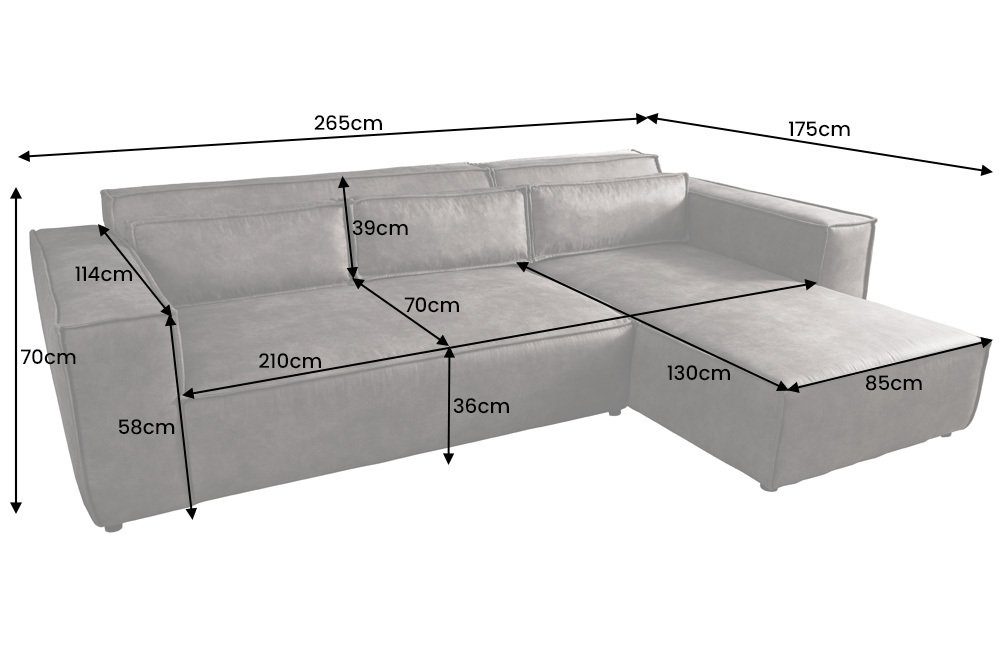 · 265cm Design · Modern NOVA · Kissen Einzelartikel grau, Teile, Wohnzimmer BOSSA Ecksofa 1 L-Form riess-ambiente inkl. · Cord