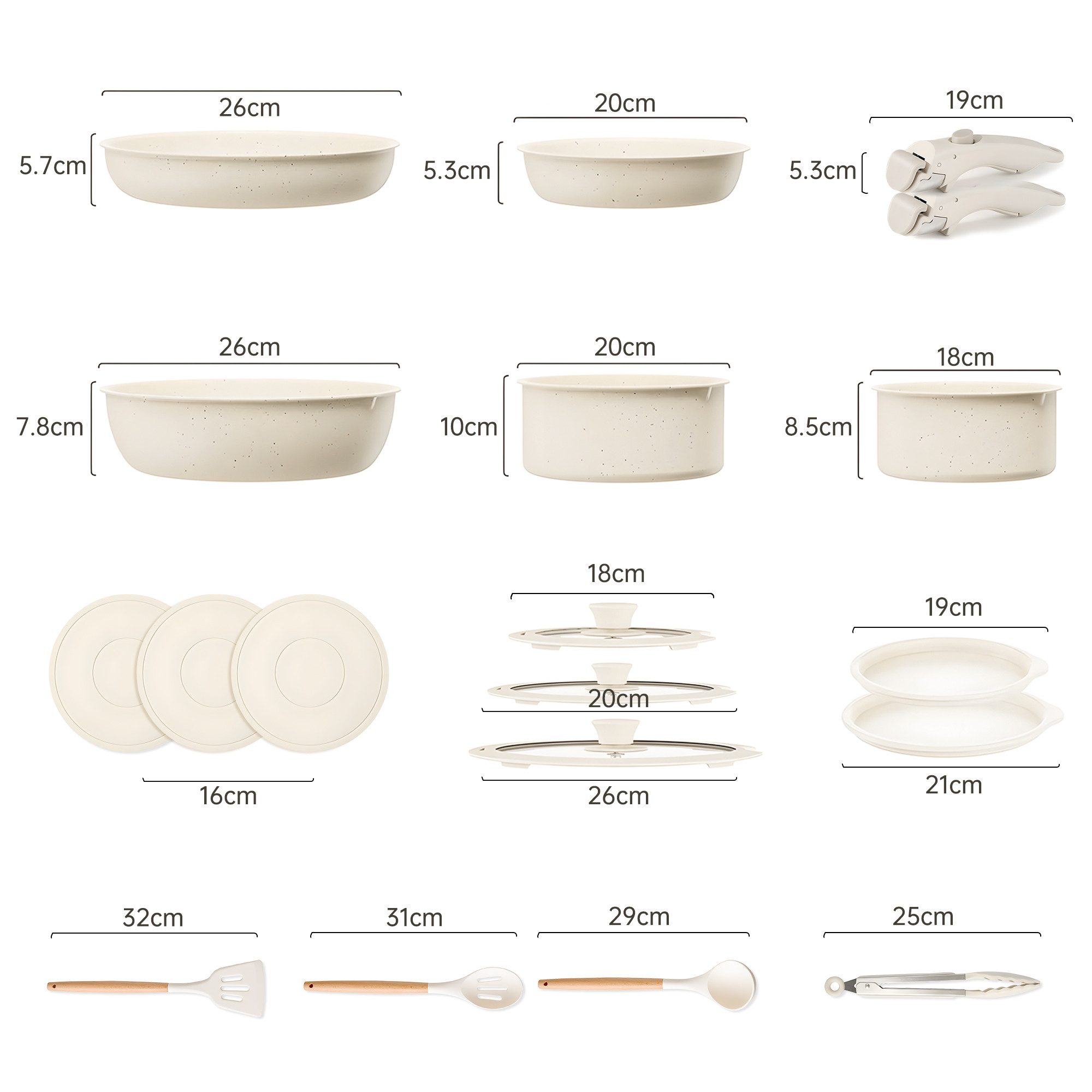 SEHAUSEU Pfannen-Set Topf-Set Kasserolle Bratpfanne mit abnehmbarer Griff, Antihaft,weiß, (19-tlg), 7-tlg.&19-tlg.