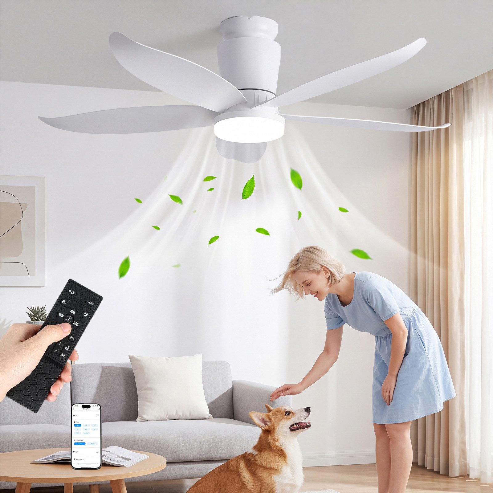 oyajia Deckenventilator 70W 5 Flügeln Deckenventilator mit Beleuchtung,LED Deckenleuchte 110cm, Dimmbare Deckenleuchte mit Fernbedienung für Schlafzimmer, Wohnzimmer
