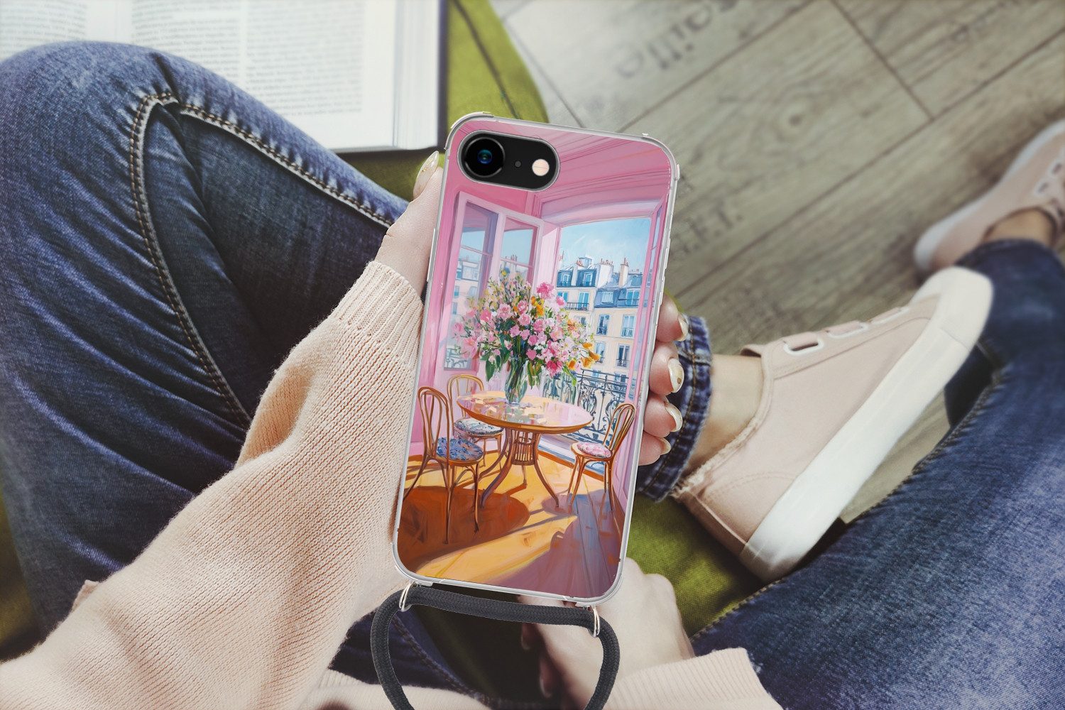 MuchoWow Handyhülle für Apple iPhone 8 Rosa - Stadt - Blumen, Tragbare Handyhüllen mit Kette zum umhängen, Handykette Handyband
