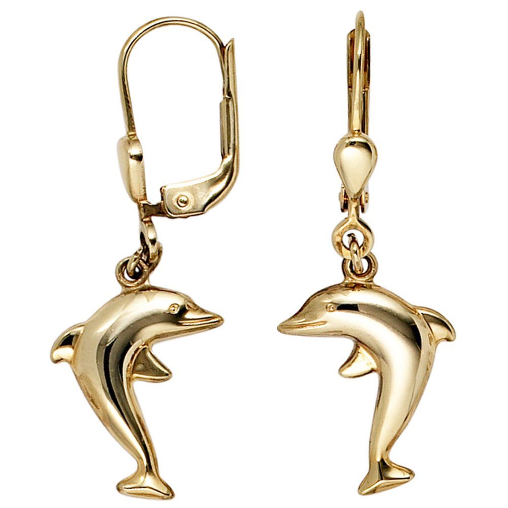 Schmuck Krone Paar Ohrhänger Ohrringe Ohrhänger Boutons springende Delphine Delfine aus 333 Gold Gelbgold, Gold 333