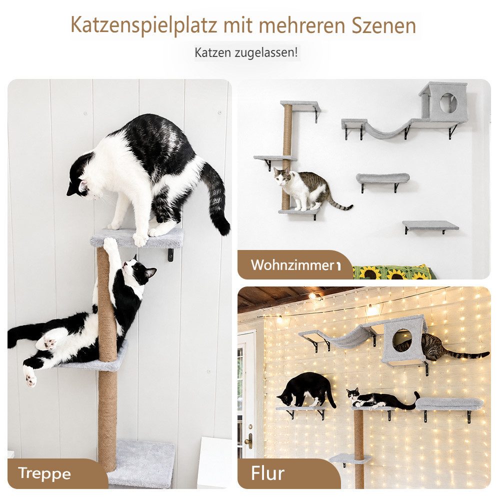bioby Katzen-Kletterwand 5 teilig Katzenmöbel-Set für 1-3 Katzen, Tragfähigkeit bis 18kg, mit Katzenbrücke, Katzenhaus, Kratzbrett, Kratzbaum Wand,Liegeflächen