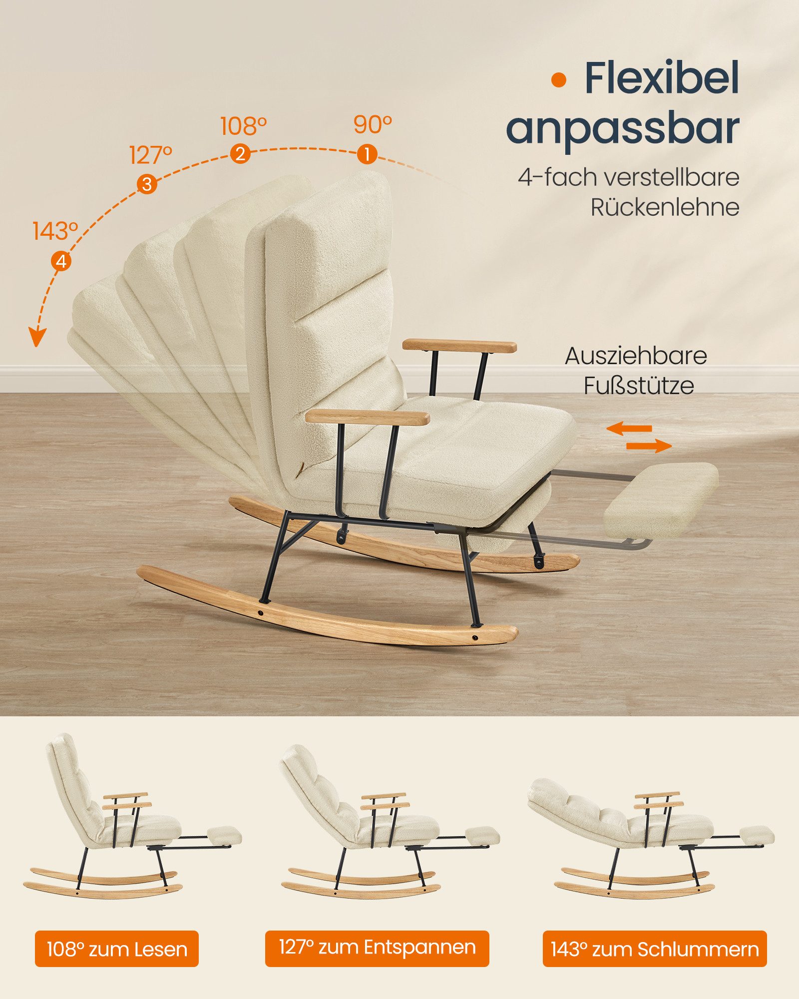 SONGMICS Schaukelsessel Schaukelstuhl mit Holzgestell, verstellbar, Schaukelstuhl, mit Massivholzfüßen, Schaukelsessel, für Schlafzimmer – Bild 3 von 5