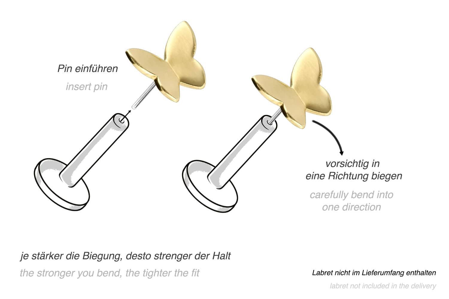 PIERCINGLINE Piercing-Set 14 Karat Gold Aufsatz mit Titan Push Pin SCHMETTERLING (Push Pins, 1-tlg)