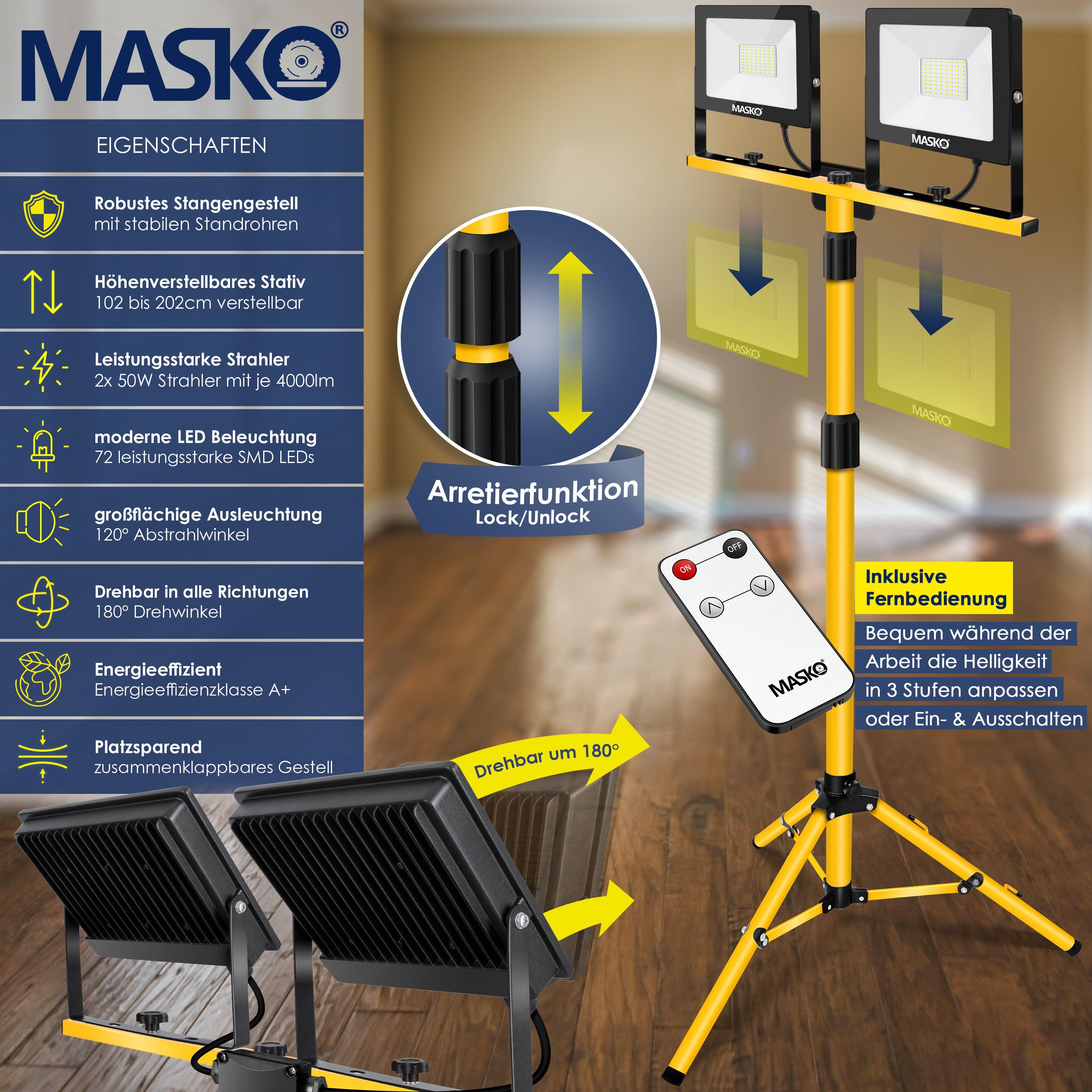 MASKO integriert, Doppel Fernbedienung 50W Stativ LED 2x gelb fest mit 100W Baustrahler, LED Baustrahler LED