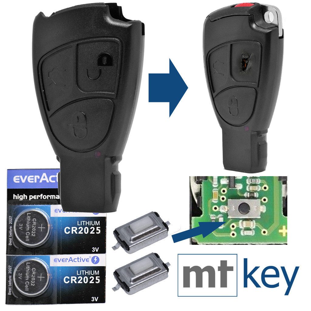 mt-key Auto Schlüssel Smartkey Ersatz Gehäuse 3 Tasten + 2X passende CR2025 Knopfzelle, CR2025 (3 V), für Mercedes Benz C209 A209 CLK W209 W211 Funk Fernbedienung