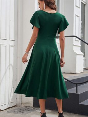 AFAZ New Trading UG Dirndl Elegantes Kleid mit V-Ausschnitt und Rüschenärmeln für Damen Einfarbiger, schlanker langer Damenrock mit hoher Taille