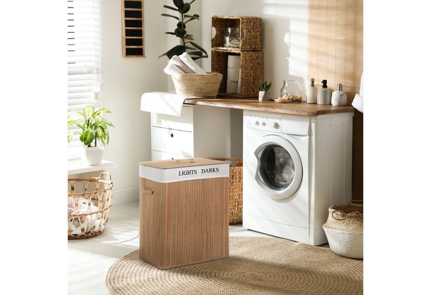 HOMCOM Wäschekorb Wäschesammler mit PU-Griffen, Laundry Baskets für Badezimmer (Wäschebox, 1 St., Wäschekorb), Segeltuch + Bambus Natur 100L 52 x 32 x 63 cm
