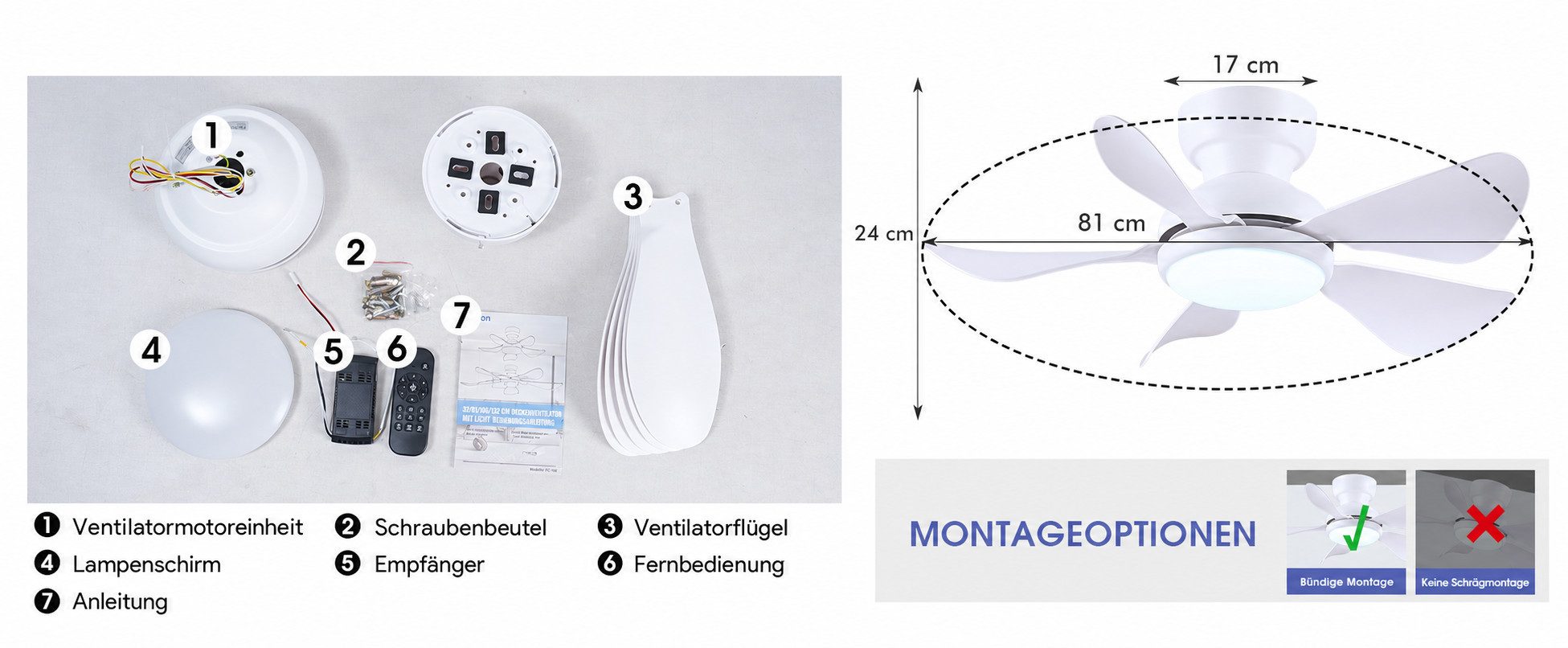Surtime Deckenventilator mit LED-Beleuchtung, leiser Kompaktventilator, 5 Flügel, ⌀ 81 cm, 6 Geschwindigkeiten, inkl. Fernbedienung