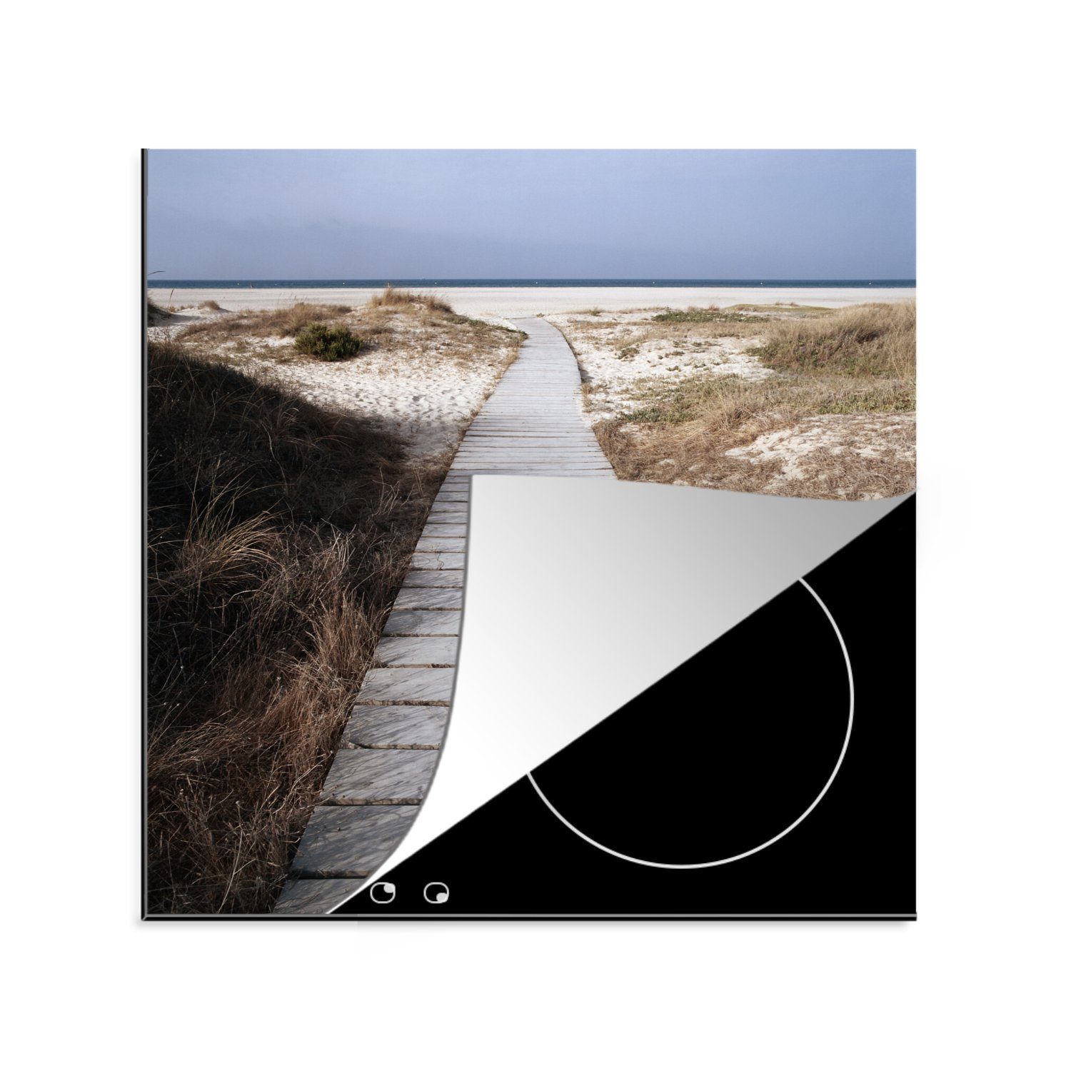 MuchoWow Herdblende-/Abdeckplatte zum 78x78 Strand tlg), und Weg cm, Vinyl, zum küche Ceranfeldabdeckung, für Meer, Arbeitsplatte (1
