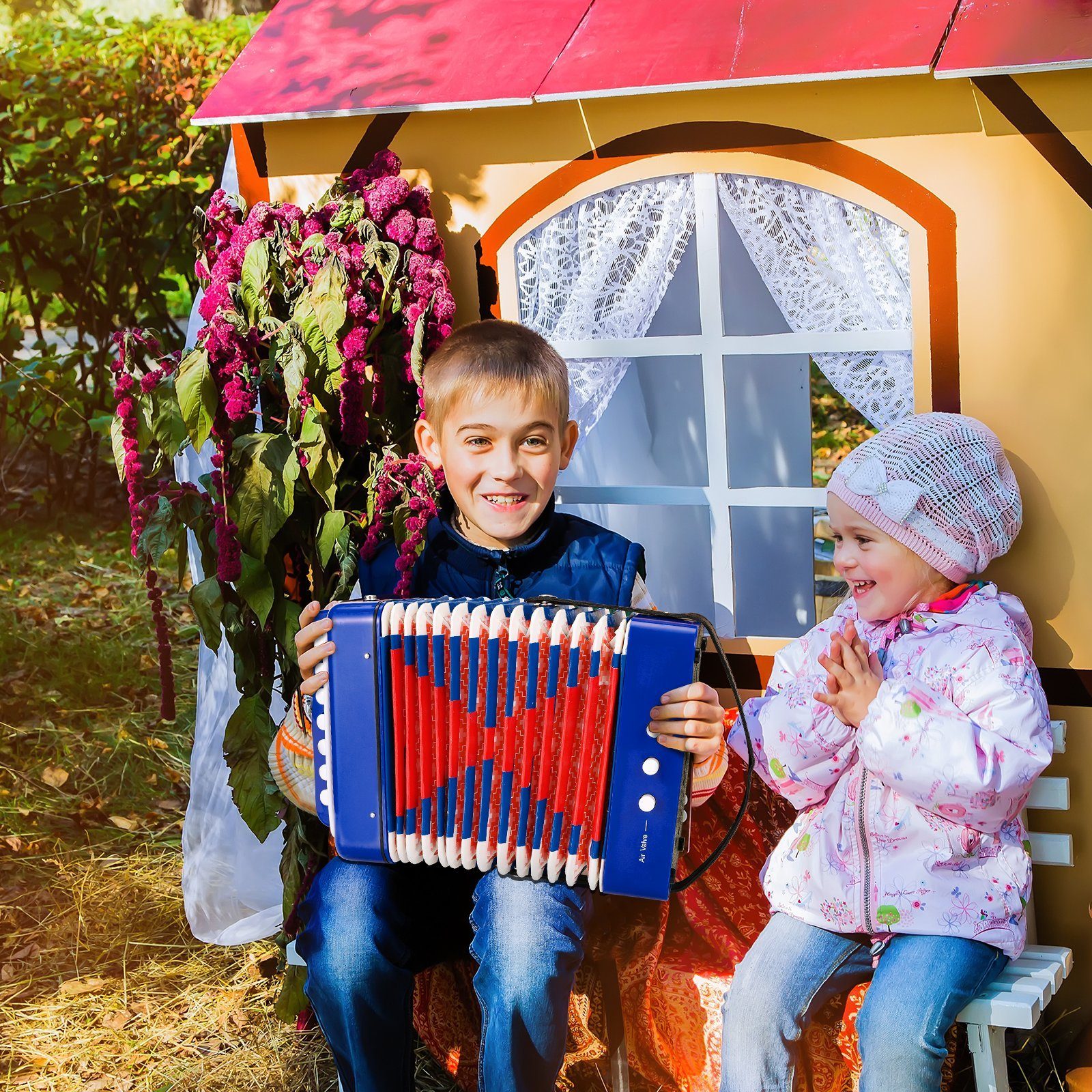 TLGREEN Knopf-Akkordeon Ziehharmonika 10 Tasten (10 tasten kinder akkordeon für Anfänger, 17 Tasten 8 Bässe Akkordeon Kinder), Musikinstrument
