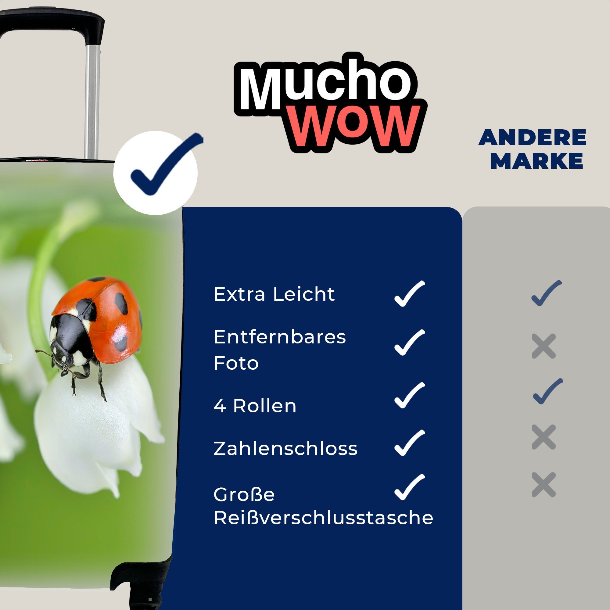 MuchoWow Handgepäckkoffer Eine Nahaufnahme eines Dalen, für Rollen, Marienkäfers von Reisetasche mit der rollen, 4 auf Lilie Handgepäck Ferien, Trolley, Reisekoffer