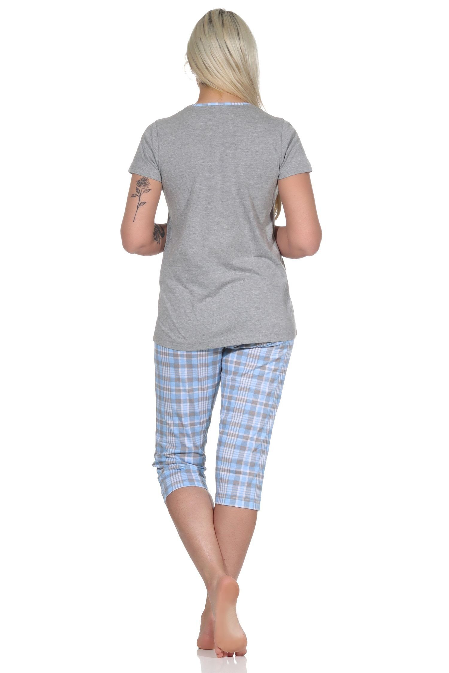 Schlafanzug Capri Pyjama mit Karo Damen und Pyjama Normann Caprihose hellblau Front-Print