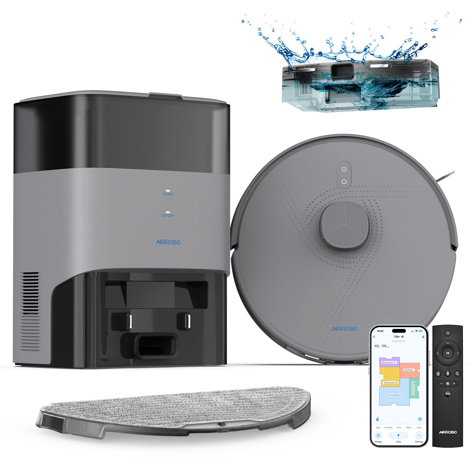 AIRROBO Nass-Trocken-Saugroboter L50+ Roboterstaubsauger mit Wischfunktion und Absaugstation, 55 W, 5500 Pa Saugkraft, 75 Tage freihändige Reinigung, LDS-Navigation, Antitangle-Gummibürste, ideal für Tierhaare, 240 Min. Laufzeit