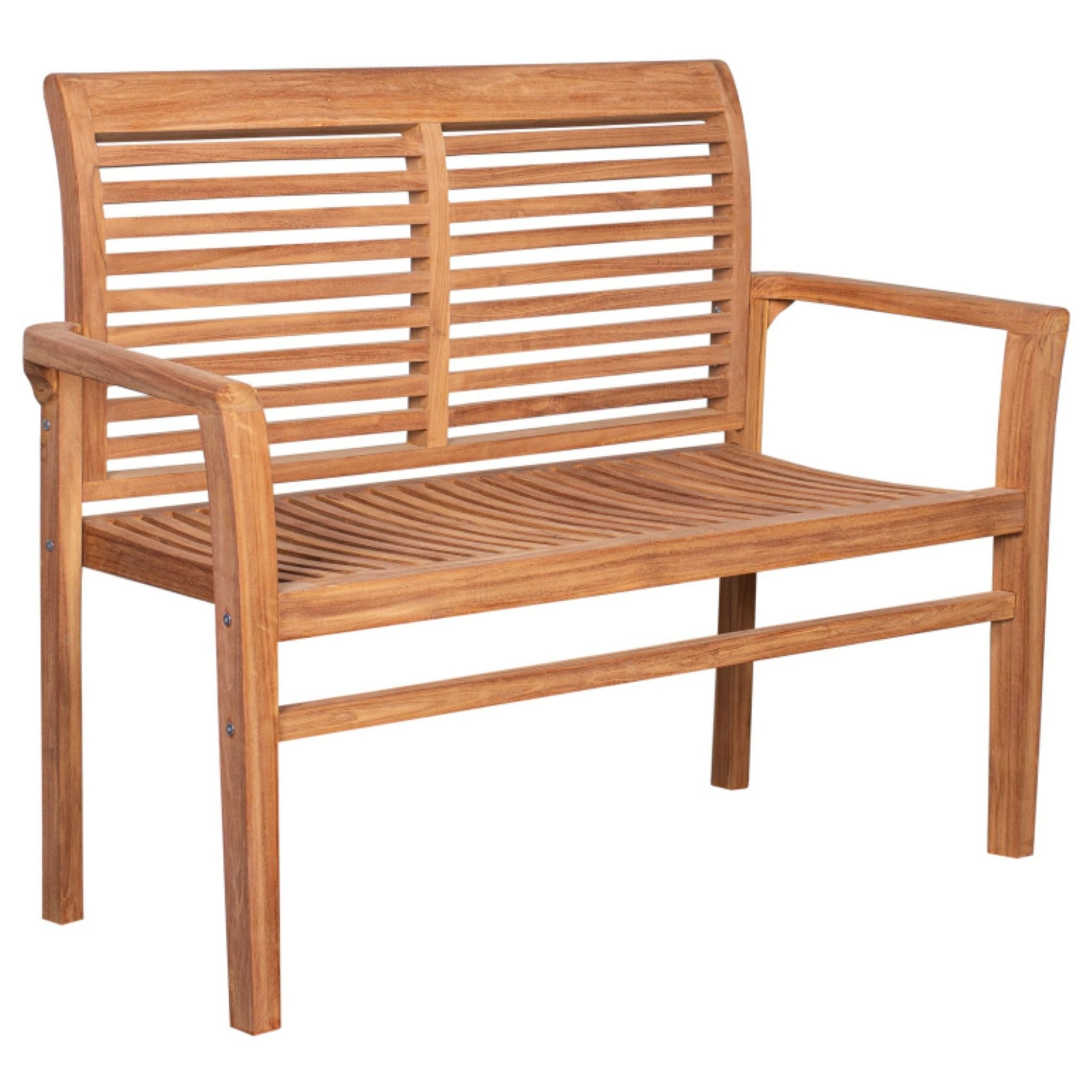 MR.DEKO Gartenbank Derby Teak natur 120cm, stapelbar, wetterfest 2-Sitzer (2-Sitzer Bank, zerlegt geliefert, ideal für Terrasse, 1-St), Massive Sitzbank Garten und Balkon, 250 kg belastbar