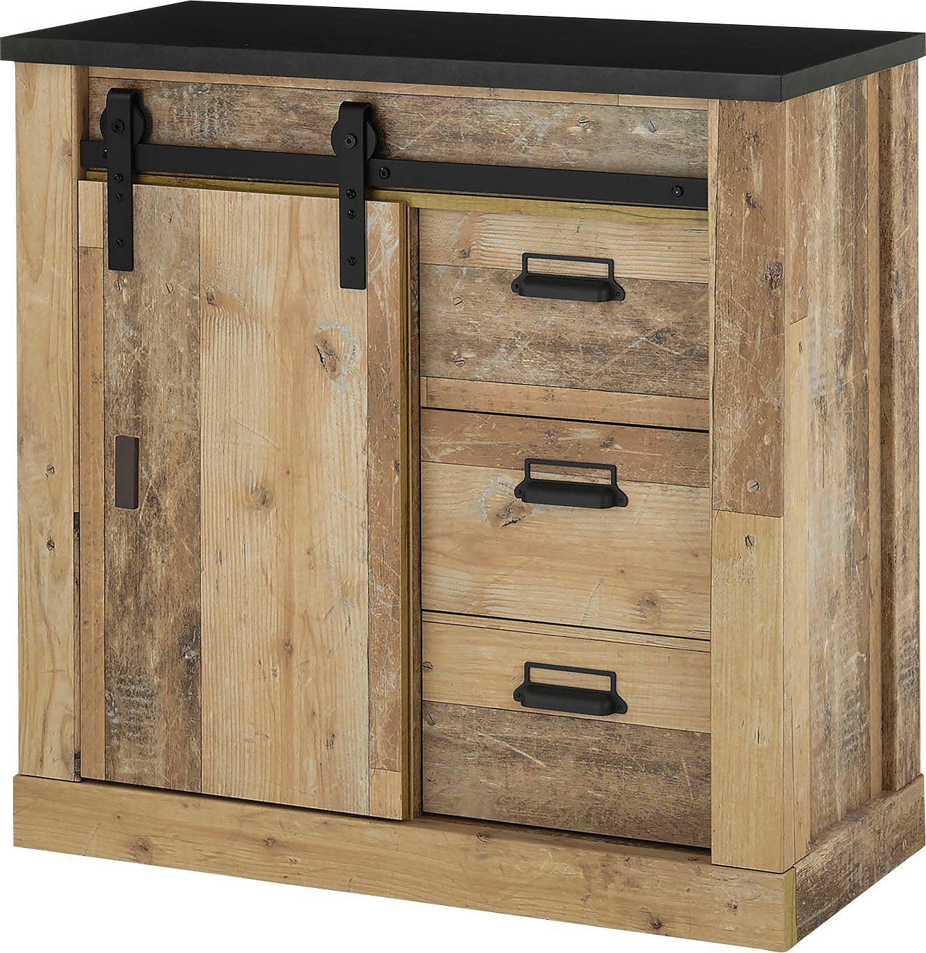 Home affaire Kommode SHERWOOD, Holz Dekor, mit Scheunentorbeschlag und Apothekergriffen, Breite 92 cm