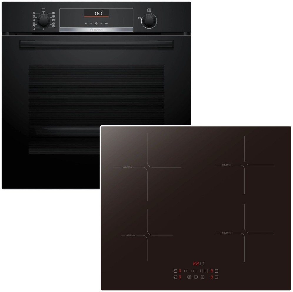 BOSCH Backofen-Set Kochfeld Teleskopauszug 3D Heissluft Hydrolyse Induktion Booster, mit 1-fach Teilauszug, Hydrolyse