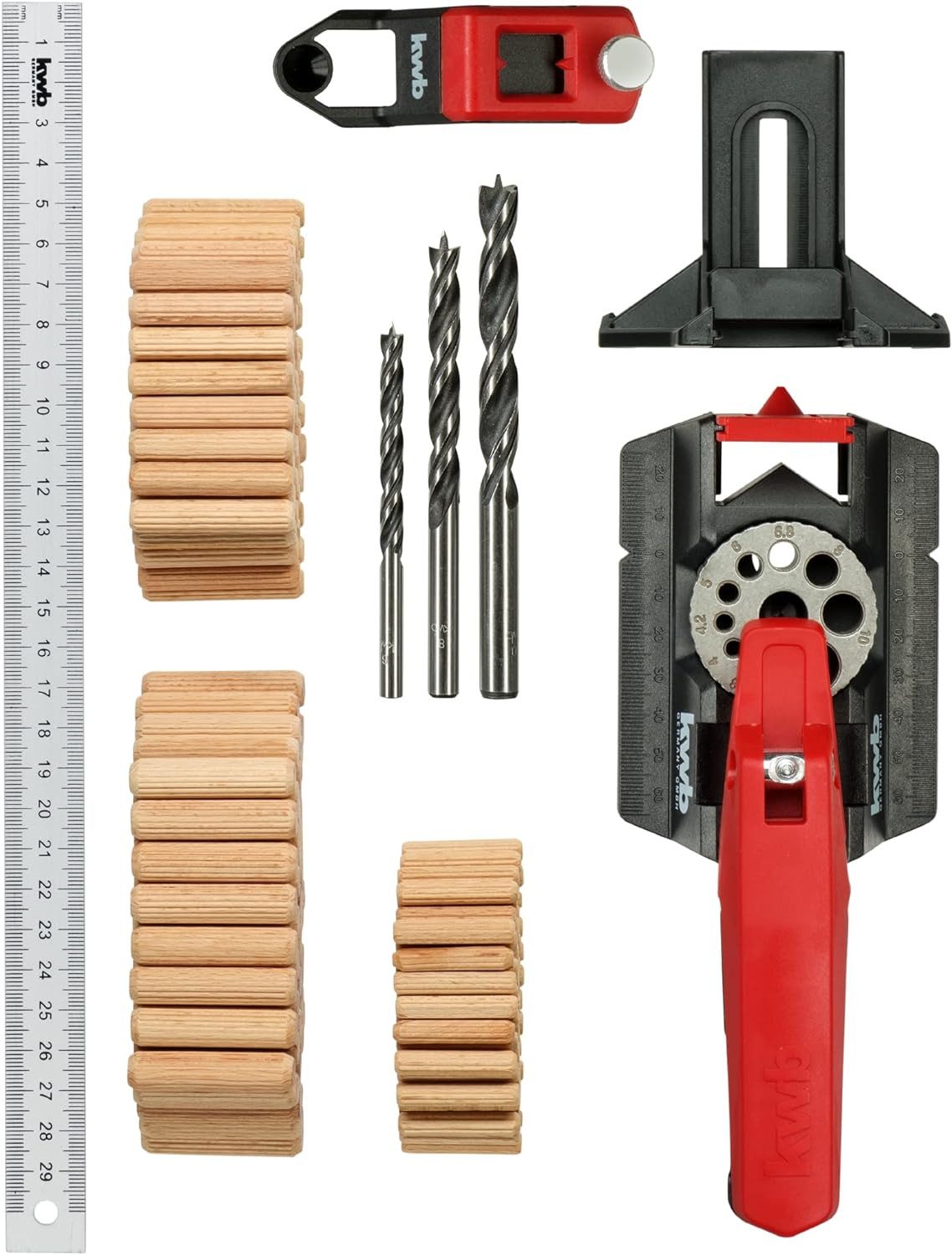 kwb Bohrer- und Bitset Dübelprofi Bohrlehrenset, Dübelhilfe/Dübellehre Set inkl. je 50 Dübel und 1 Bohrer 6, 8, 10