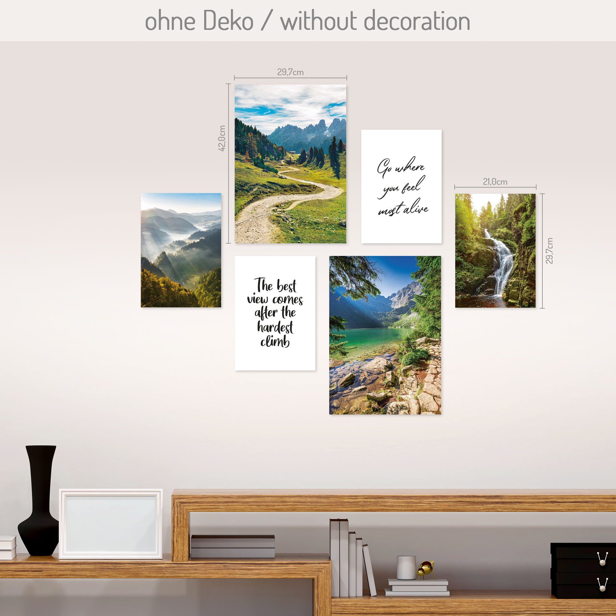 Kreative Feder Poster, Natur, Landschaft, Berge, Reisen, Wasserfall, See (Set, 6 St), 6-teiliges Poster-Set, Wandbild, Posterwand, optional mit Rahmen