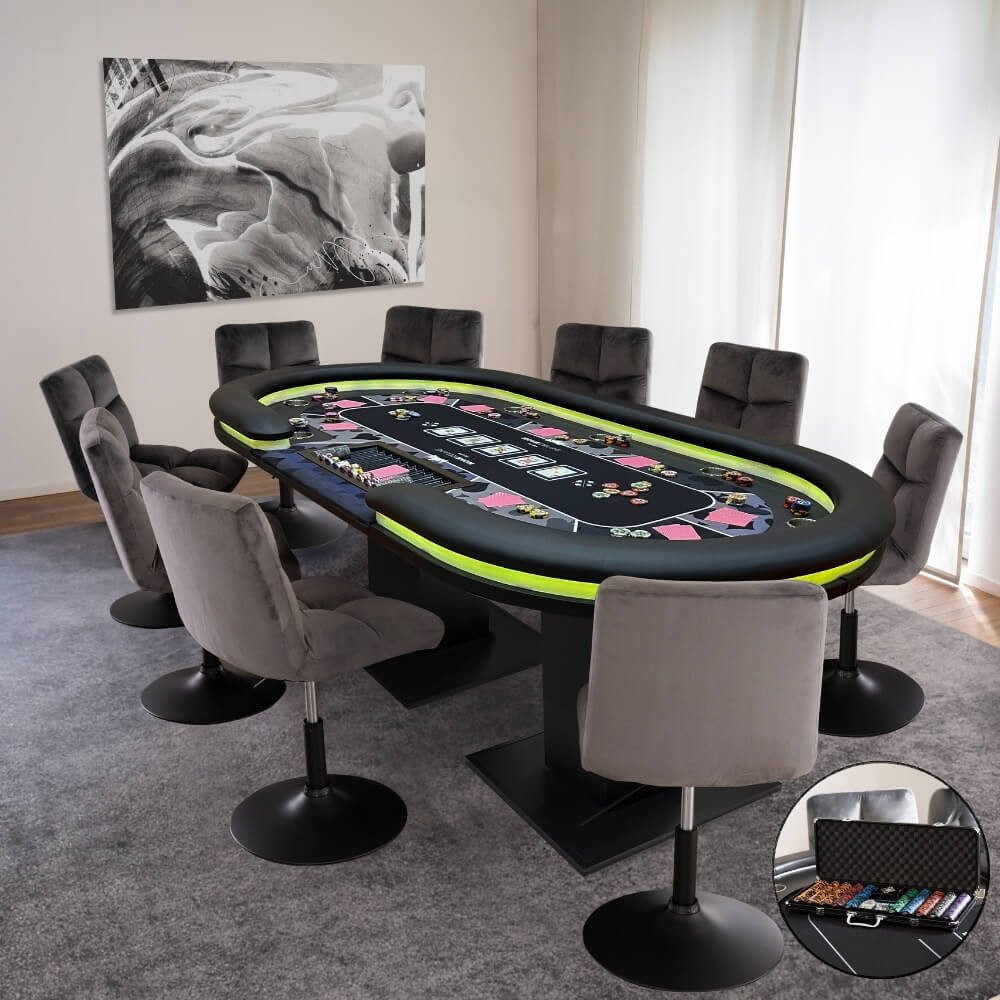 HOME DELUXE Spieltisch LED Pokertisch inkl. Pokerkoffer und Stühle STRAIGHT FLUSH, (3-tlg), 213 x 106 x 78 cm - für 9 Personen, inkl. Getränkehalter & Chiptray