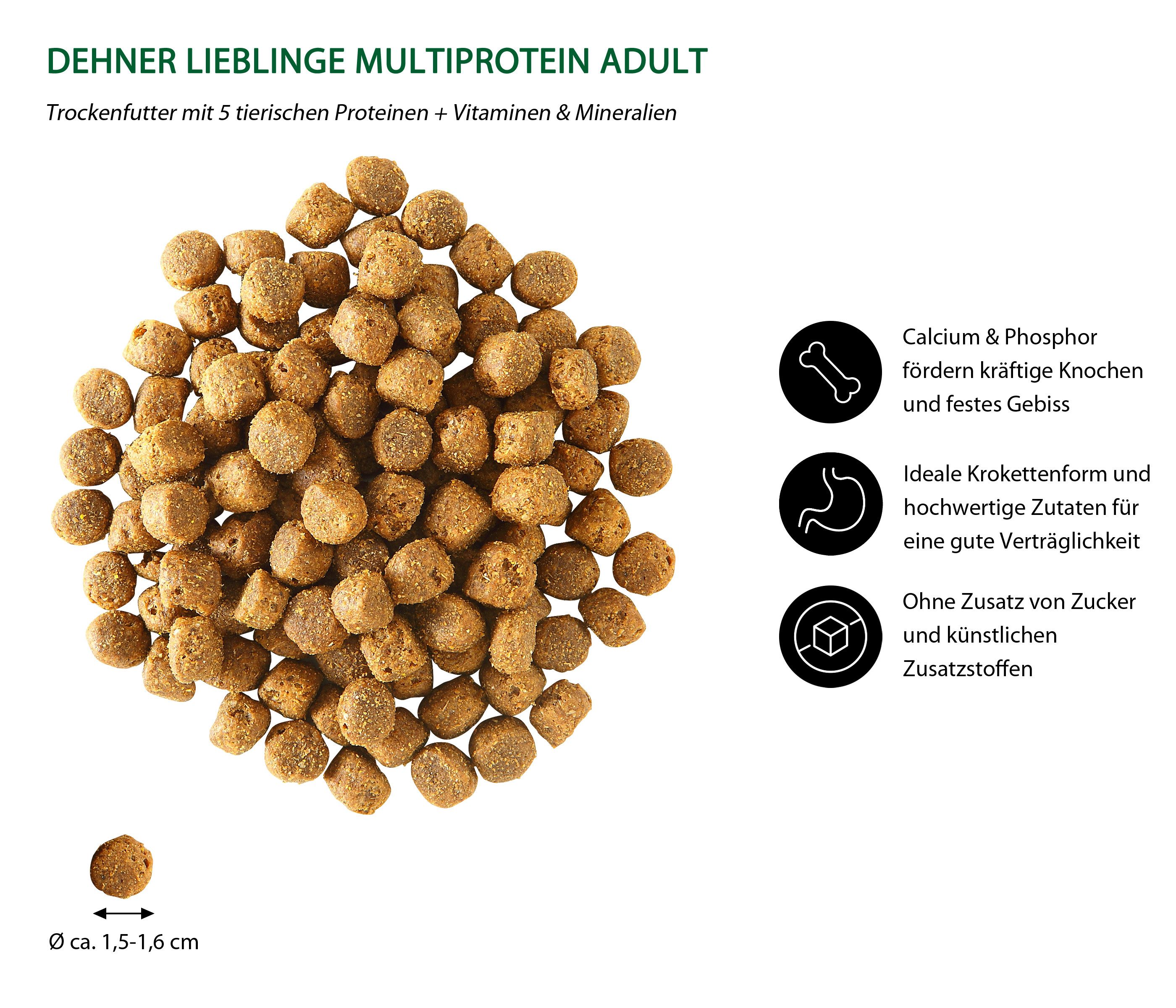 Dehner Lieblinge Multiprotein Adult Geflügel / Wild / Fisch, 12 kg, Trockenfutter für: Hunde, Trockenfutter für ausgewachsene Hunde, zuckerfrei