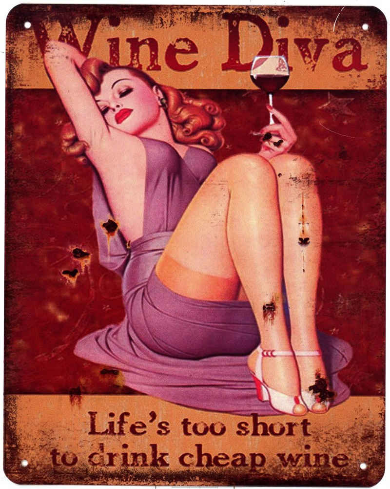 Moritz Metallschild Blechschild Wine Diva Frau trinkt Wein, 20 x 25cm Vintage Retro Deko Schild Metallschild Wandbild Schild