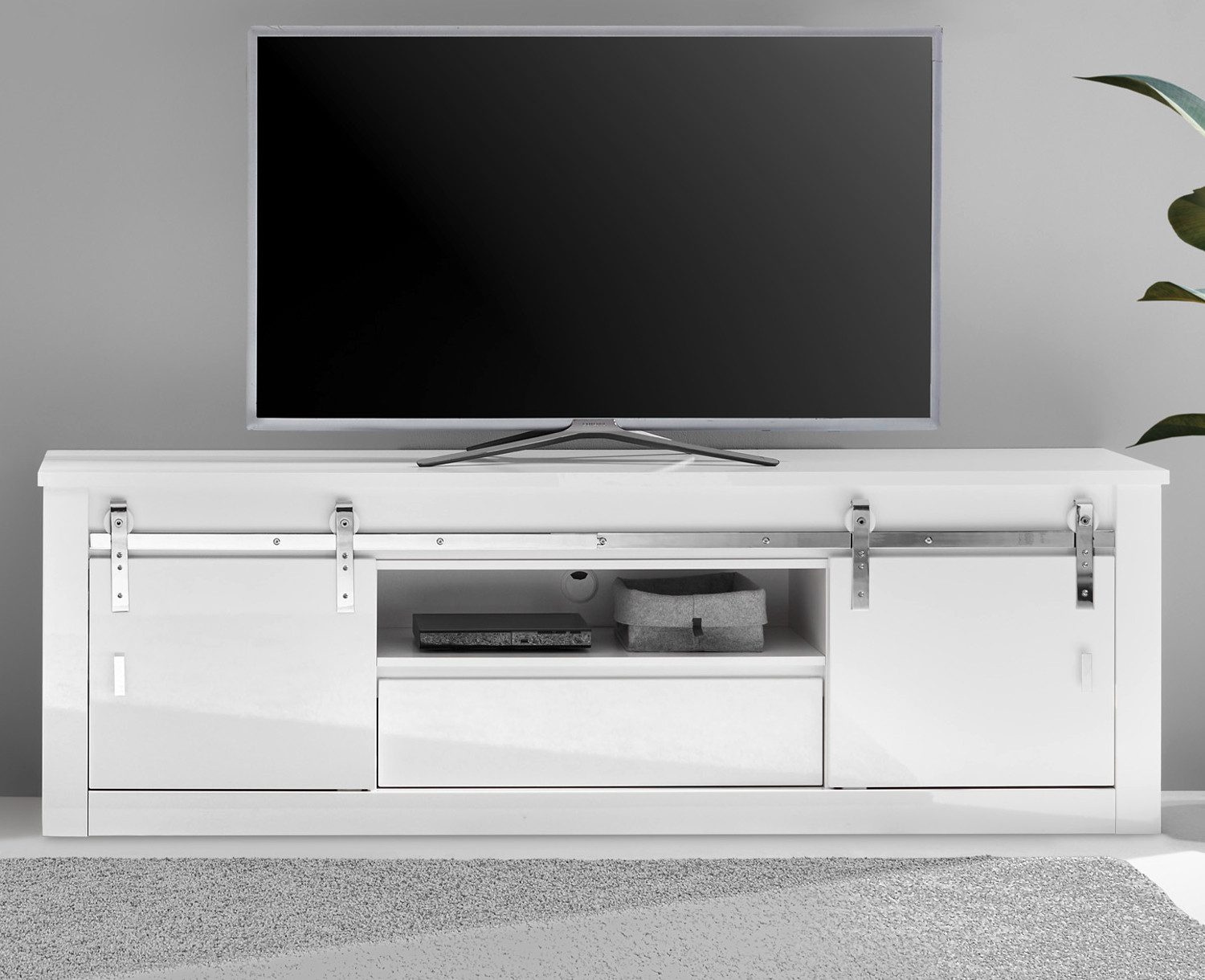 Furn.Design Lowboard Miami (Flat-TV Unterschrank in Weiß Hochglanz, 201 x 66 cm), mit Soft-Close und Schiebetüren